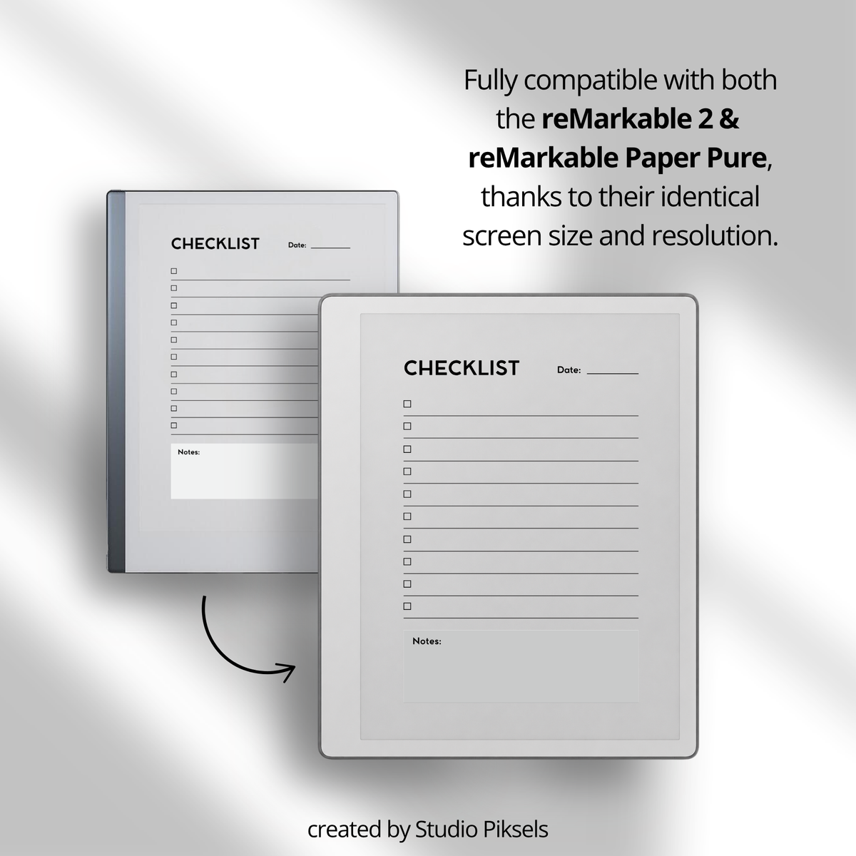 Daily Checklist Notebook for reMarkable 2 and Paper Pure featuring 50 reusable checklist pages, minimalist grayscale layout, task tracking, priorities, notes, and daily planning.