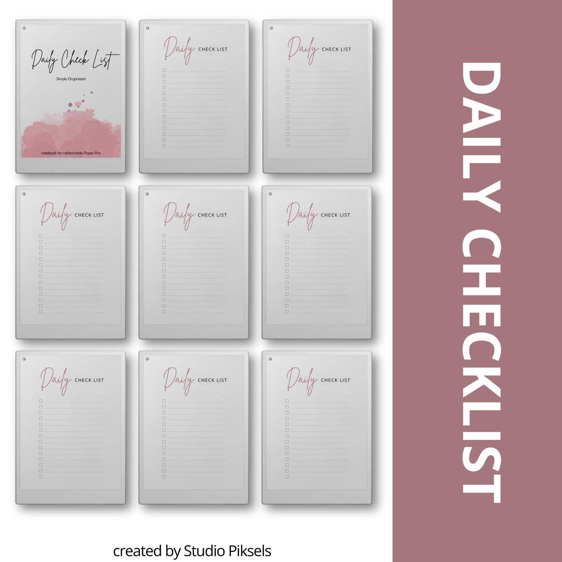 Daily checklist notebook for reMarkable Paper Pro with 31 minimalist to do list pages and digital task tracking layout.