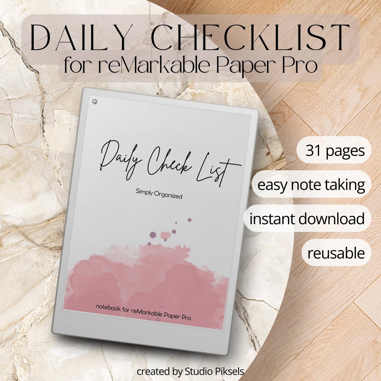 Daily checklist notebook for reMarkable Paper Pro with 31 minimalist to do list pages and digital task tracking layout.