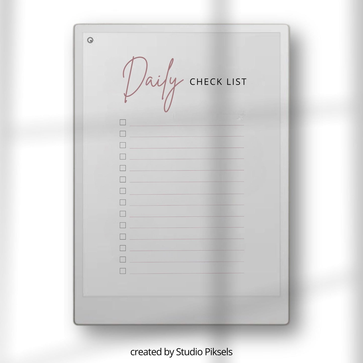 Daily checklist notebook for reMarkable Paper Pro with 31 minimalist to do list pages and digital task tracking layout.