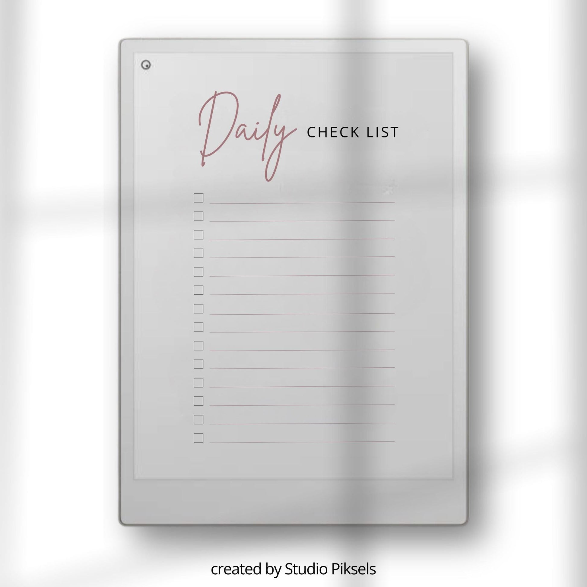 Daily checklist notebook for reMarkable Paper Pro with 31 minimalist to do list pages and digital task tracking layout.
