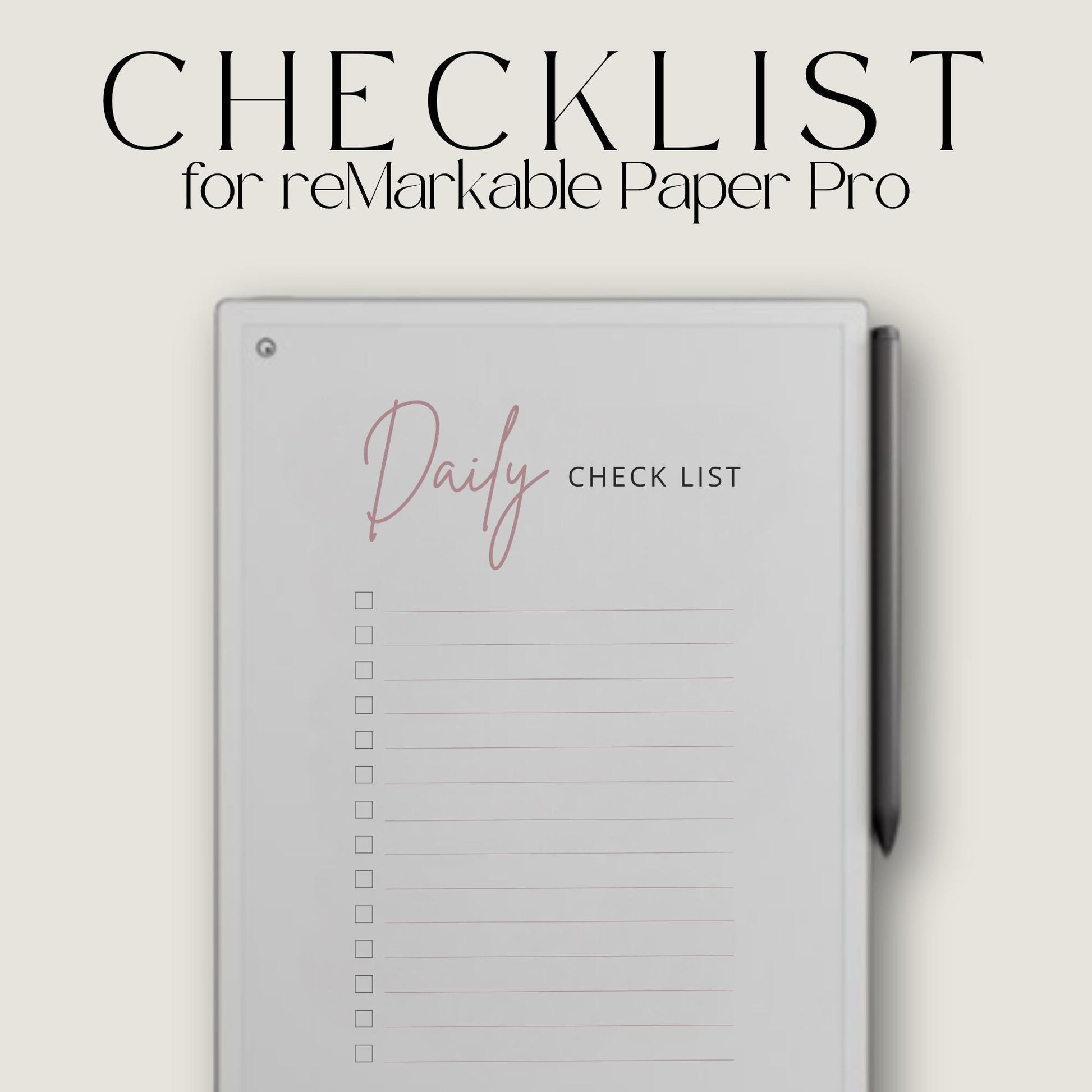 Daily checklist notebook for reMarkable Paper Pro with 31 minimalist to do list pages and digital task tracking layout.