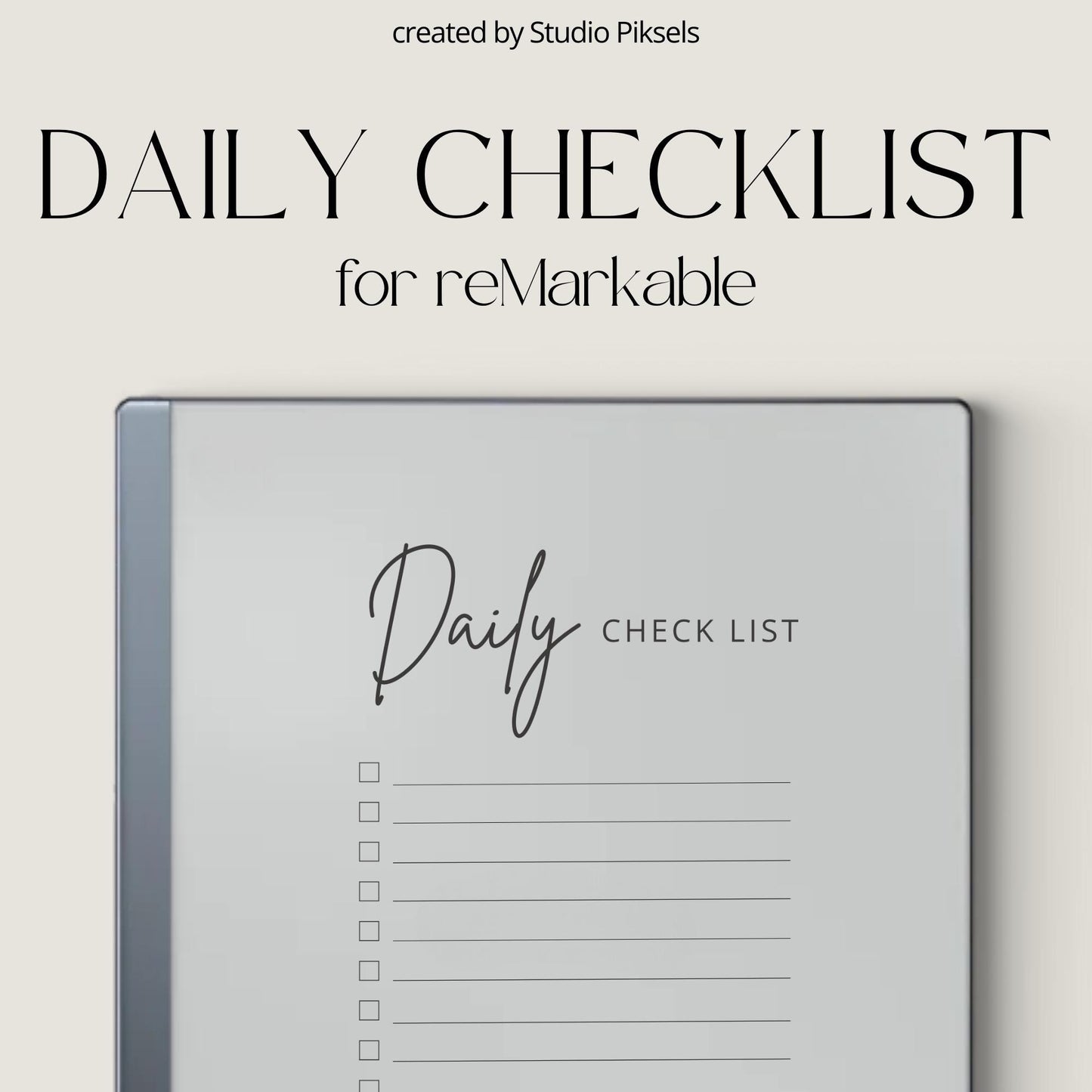 Daily Checklist for reMarkable 2 and reMarkable Paper Pure featuring structured digital task tracker pages, extra notes sections, and minimalist productivity layouts