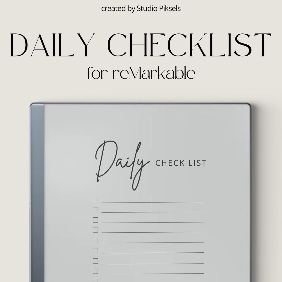 Daily Checklist for reMarkable 2 and reMarkable Paper Pure featuring structured digital task tracker pages, extra notes sections, and minimalist productivity layouts
