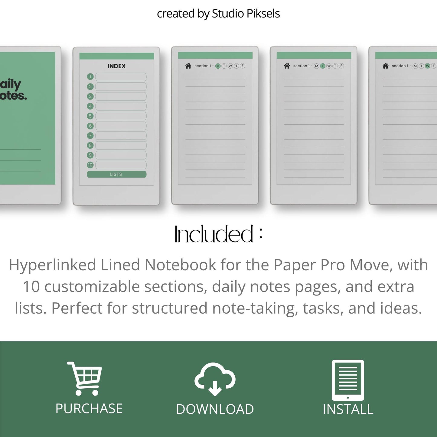 Lined notebook for reMarkable Paper Pro Move with hyperlinked index, daily pages, and customizable sections.