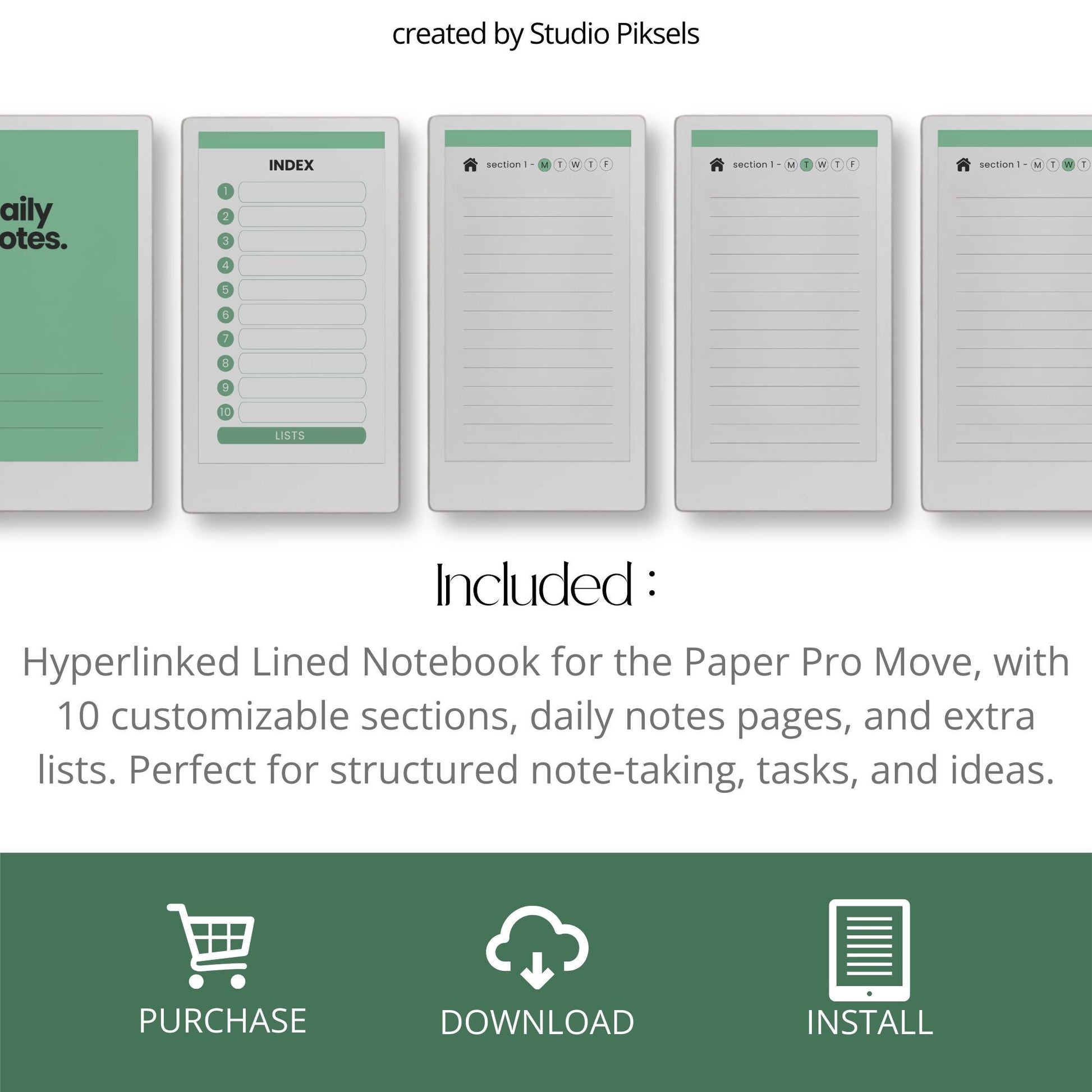 Lined notebook for reMarkable Paper Pro Move with hyperlinked index, daily pages, and customizable sections.