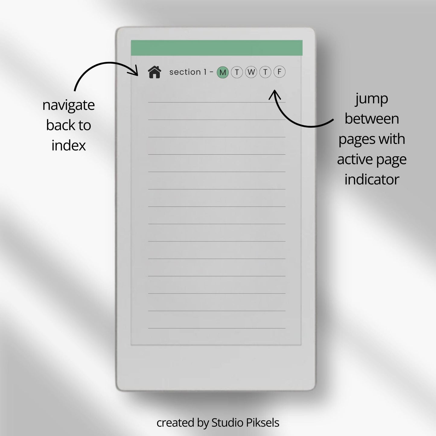 Lined notebook for reMarkable Paper Pro Move with hyperlinked index, daily pages, and customizable sections.