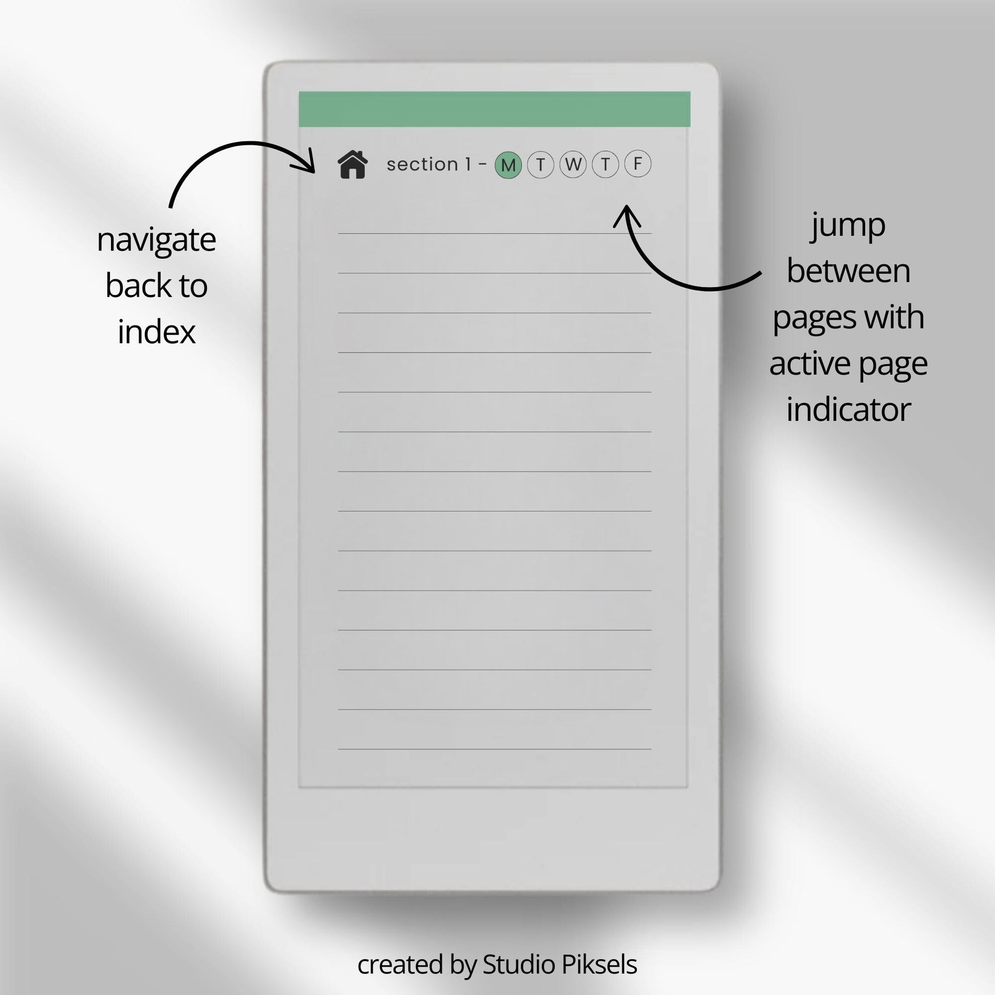 Lined notebook for reMarkable Paper Pro Move with hyperlinked index, daily pages, and customizable sections.