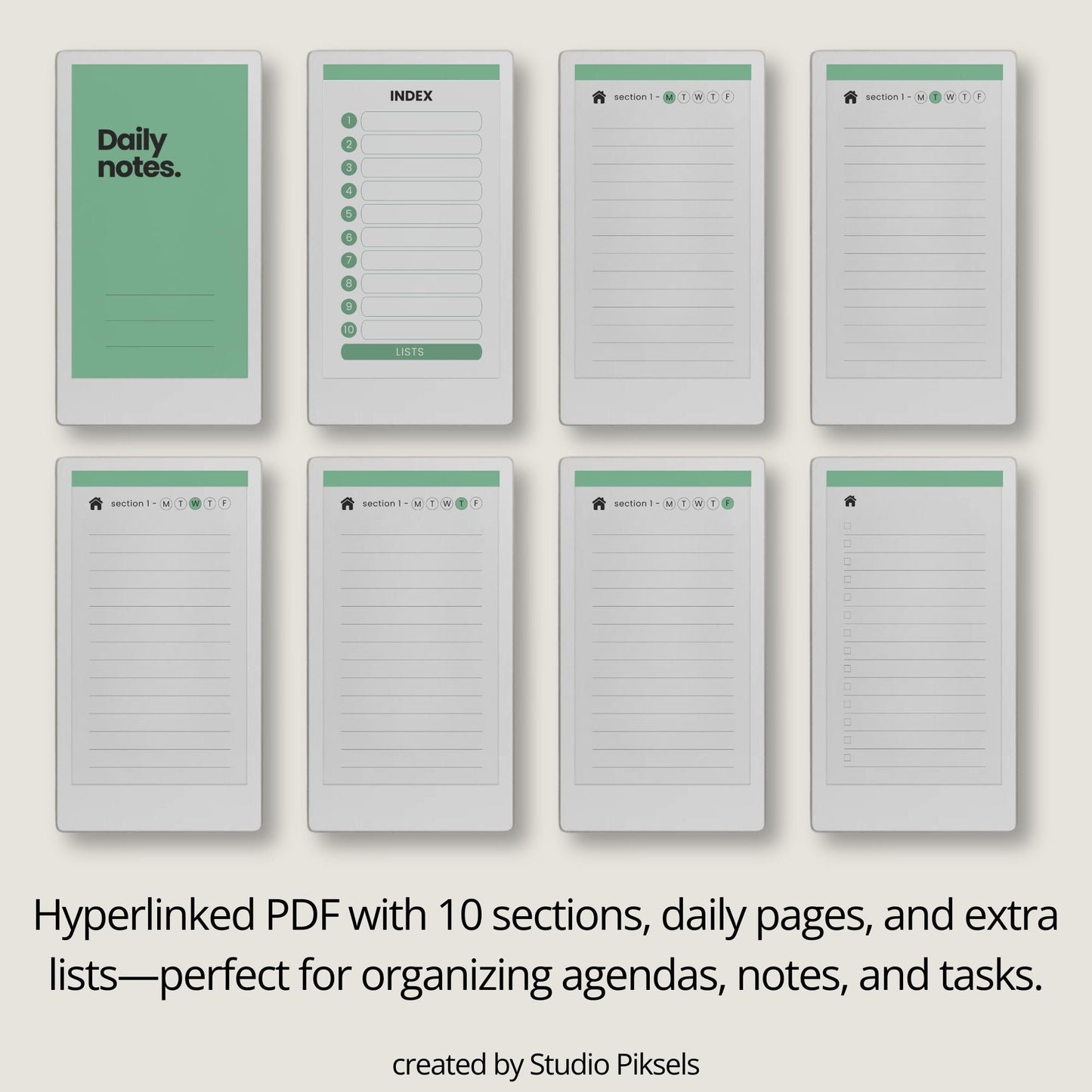 Lined notebook for reMarkable Paper Pro Move with hyperlinked index, daily pages, and customizable sections.