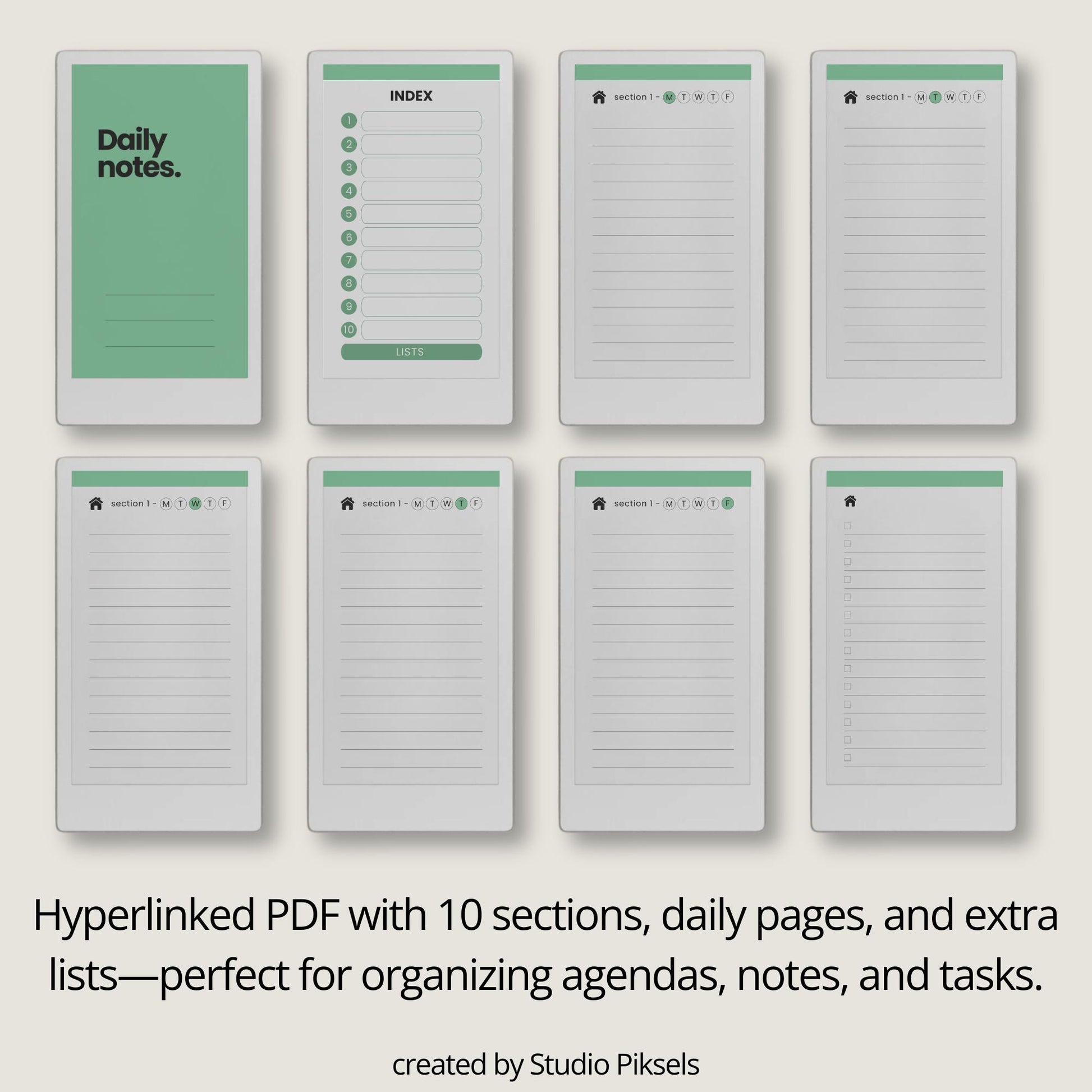 Lined notebook for reMarkable Paper Pro Move with hyperlinked index, daily pages, and customizable sections.