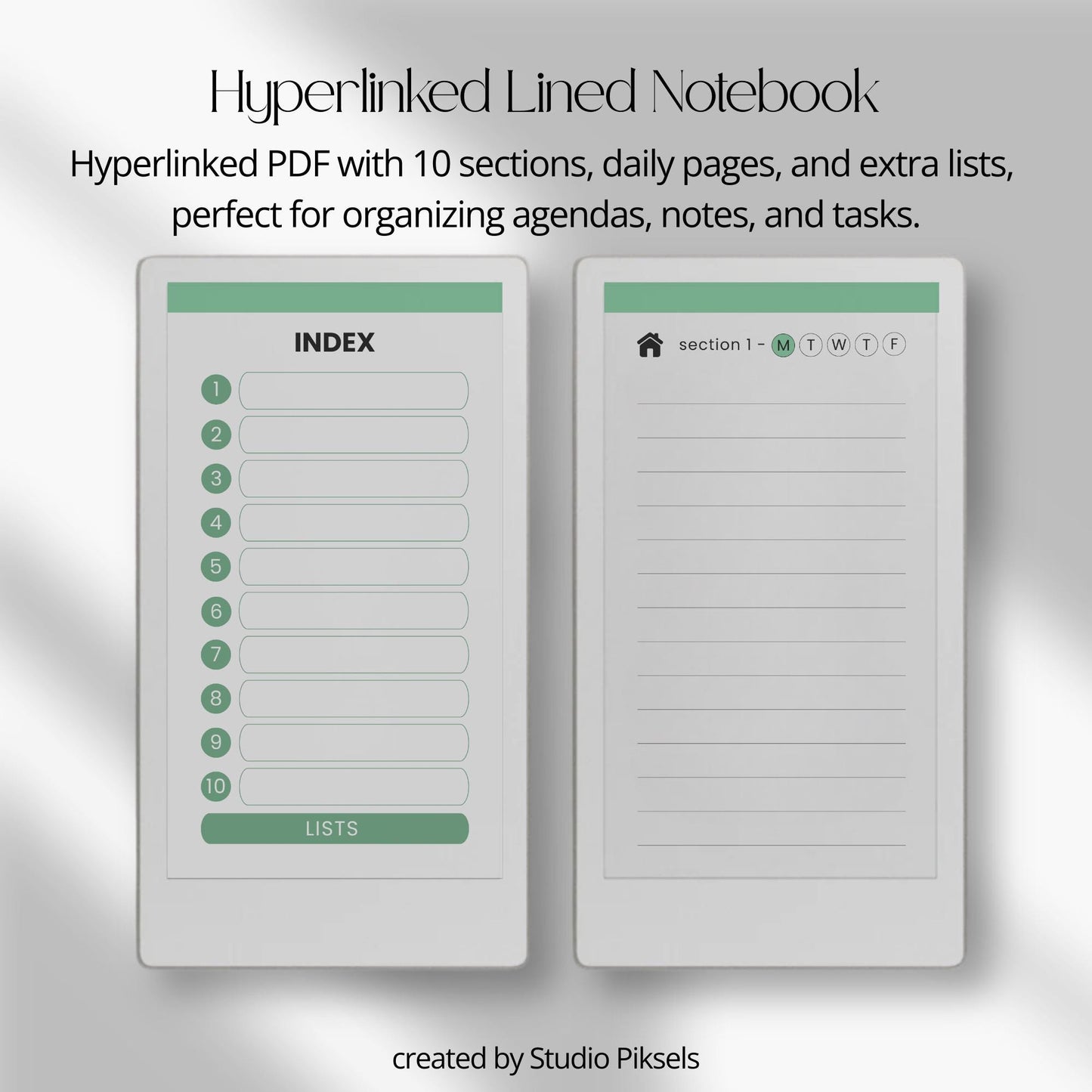 Lined notebook for reMarkable Paper Pro Move with hyperlinked index, daily pages, and customizable sections.