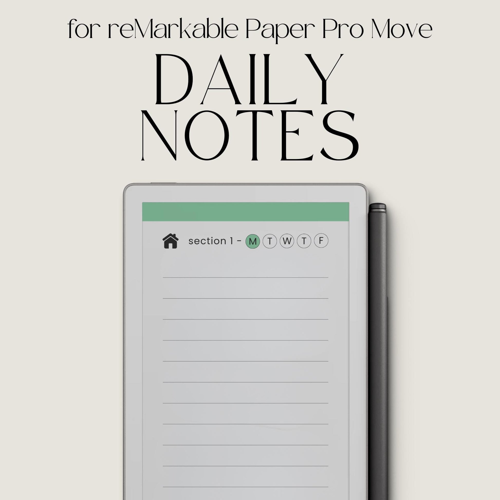 Lined notebook for reMarkable Paper Pro Move with hyperlinked index, daily pages, and customizable sections.