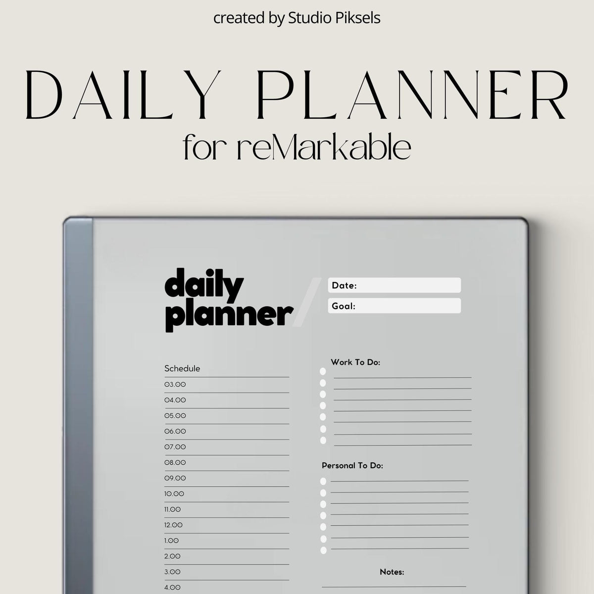 Daily Planner for reMarkable 2 and reMarkable Paper Pure featuring hourly schedules, work and personal task lists, notes sections, and minimalist digital layouts