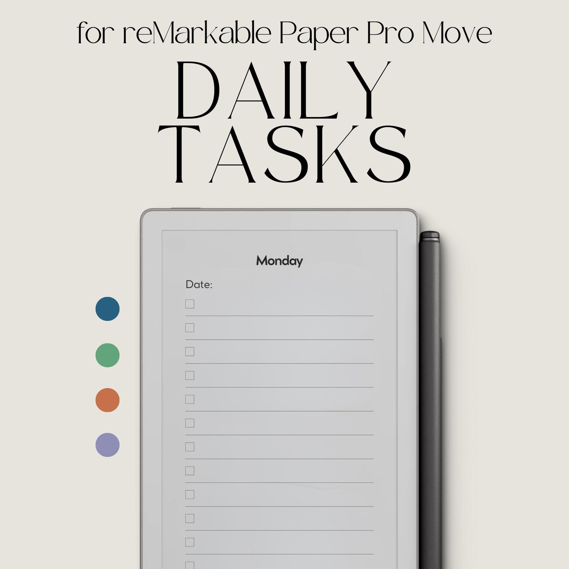 Daily tasks notebook bundle for reMarkable Paper Pro Move with minimalist weekly layouts and calming color themes.