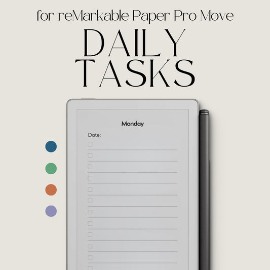 Daily tasks notebook bundle for reMarkable Paper Pro Move with minimalist weekly layouts and calming color themes.