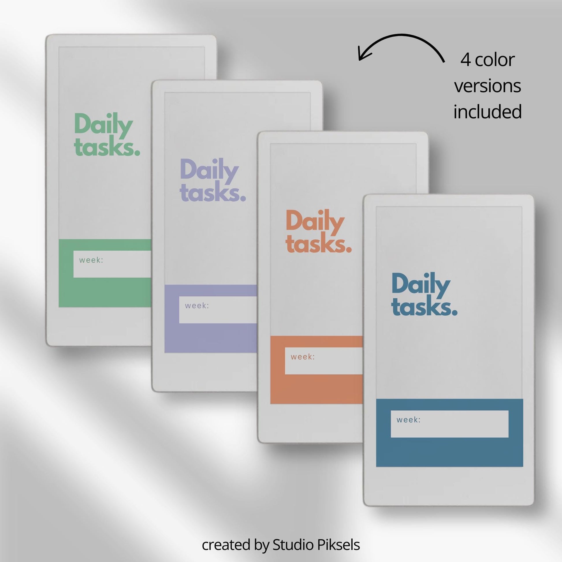 Daily tasks notebook bundle for reMarkable Paper Pro Move with minimalist weekly layouts and calming color themes.