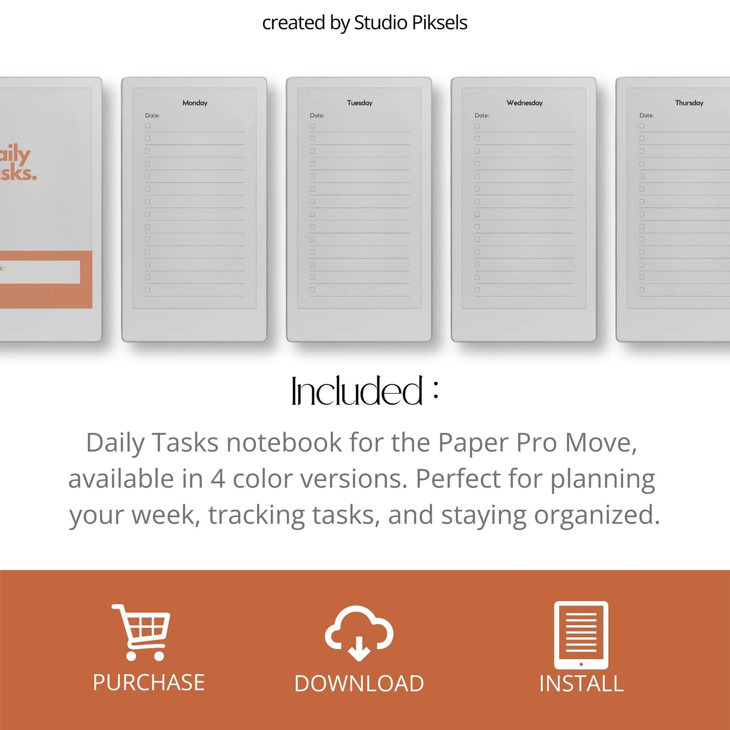 Daily tasks notebook bundle for reMarkable Paper Pro Move with minimalist weekly layouts and calming color themes.