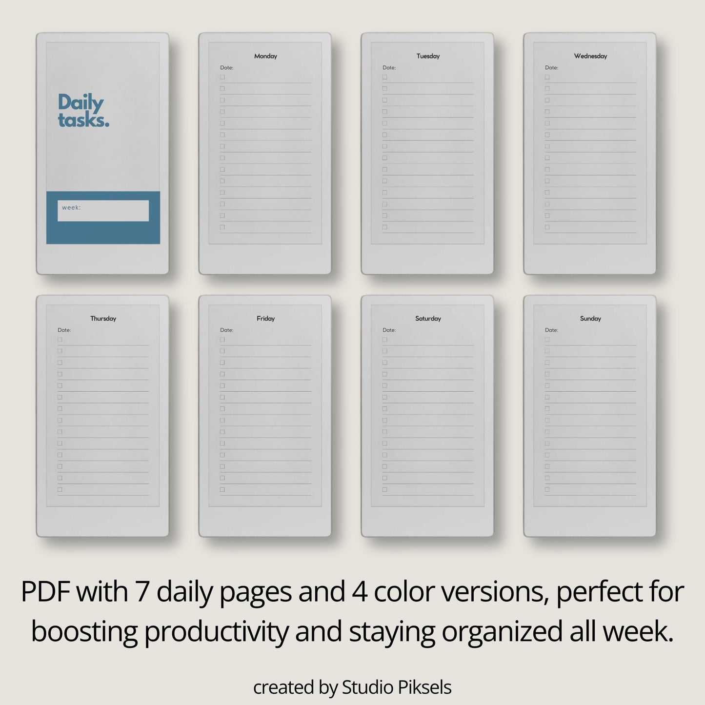 Daily tasks notebook bundle for reMarkable Paper Pro Move with minimalist weekly layouts and calming color themes.