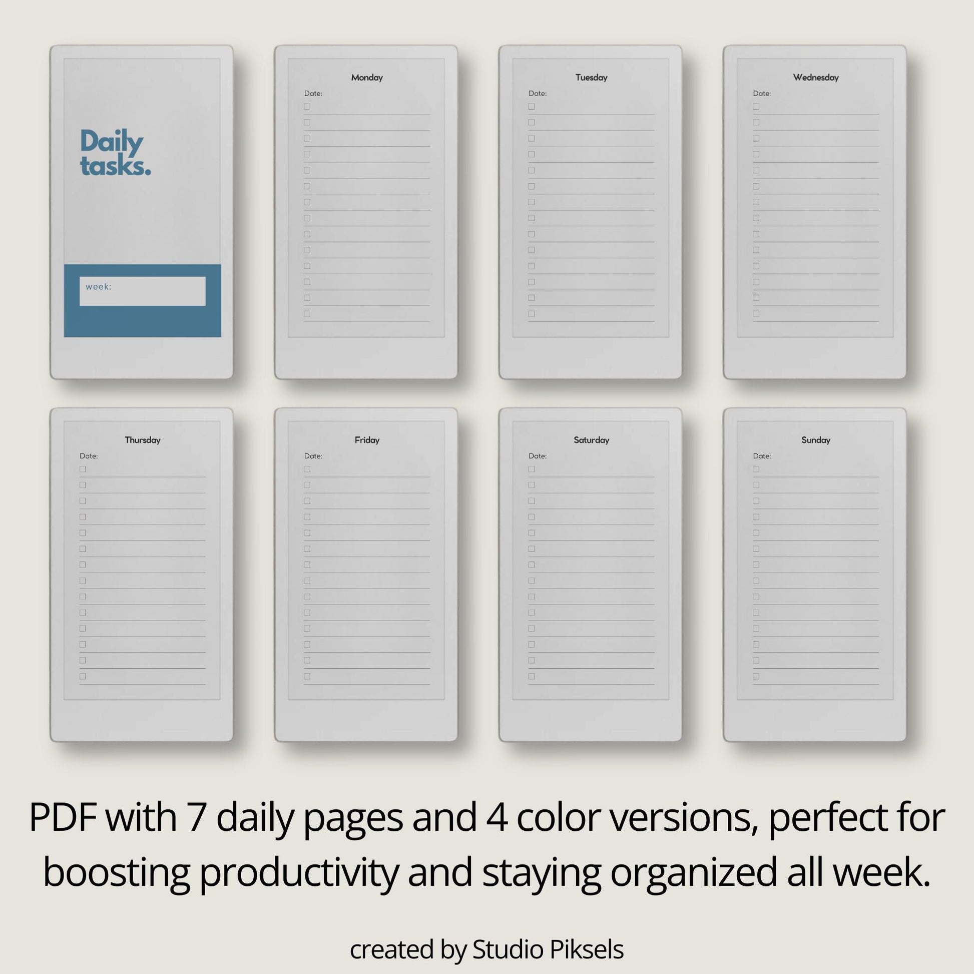 Daily tasks notebook bundle for reMarkable Paper Pro Move with minimalist weekly layouts and calming color themes.