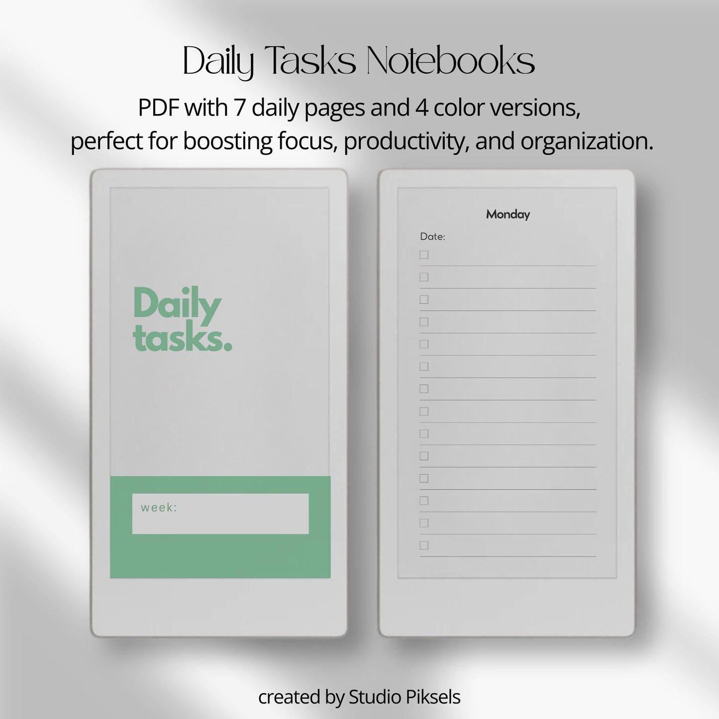 Daily tasks notebook bundle for reMarkable Paper Pro Move with minimalist weekly layouts and calming color themes.