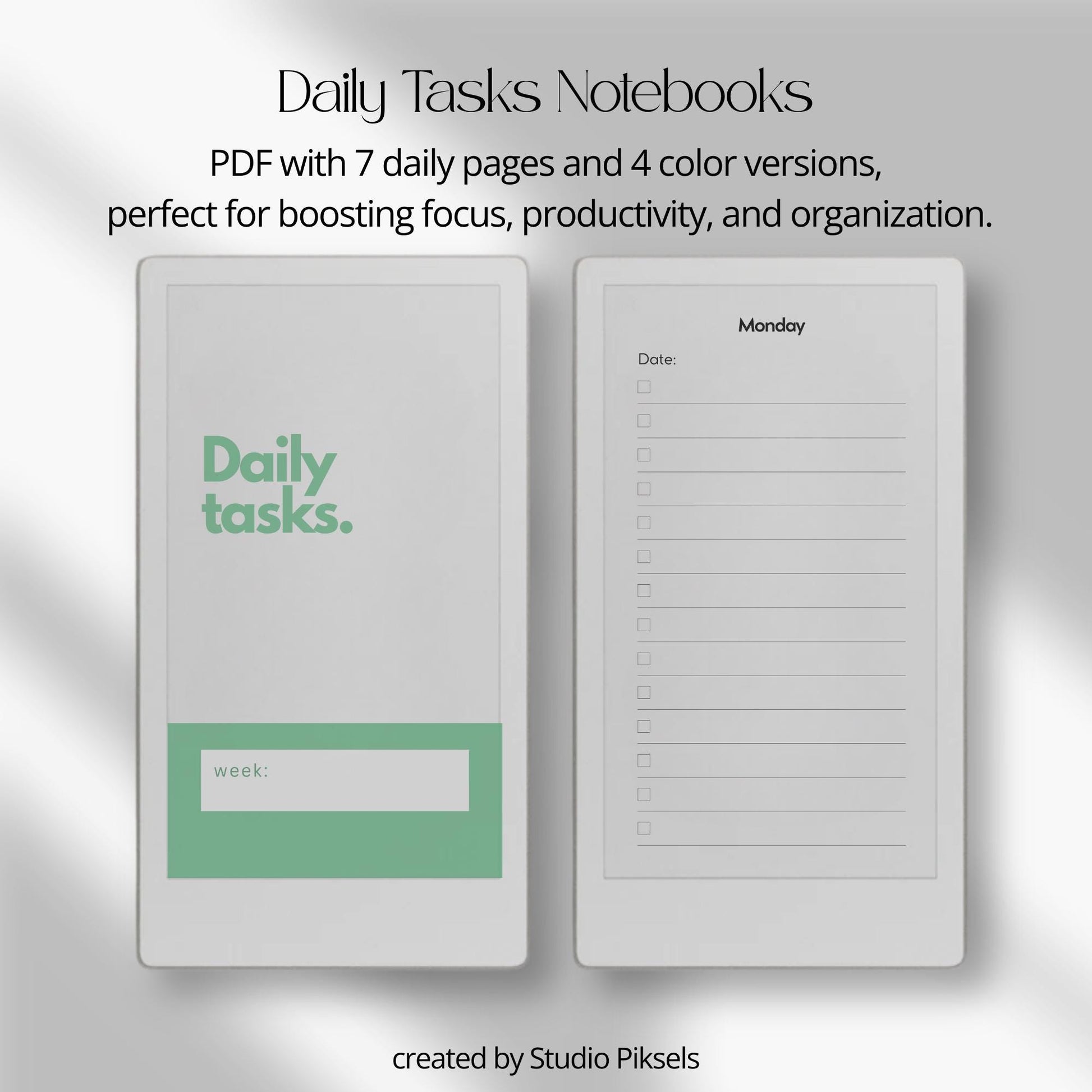 Daily tasks notebook bundle for reMarkable Paper Pro Move with minimalist weekly layouts and calming color themes.