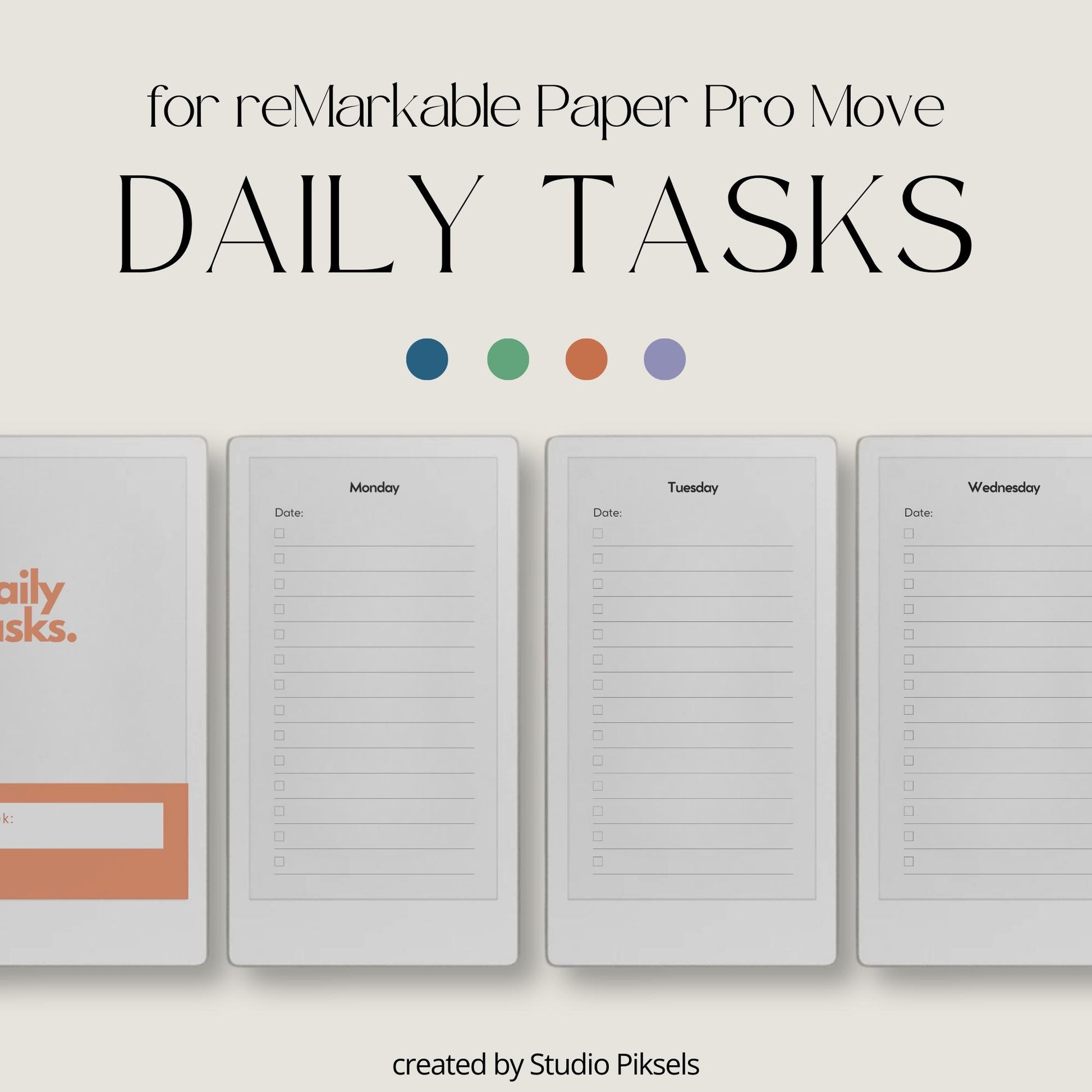 Daily tasks notebook bundle for reMarkable Paper Pro Move with minimalist weekly layouts and calming color themes.