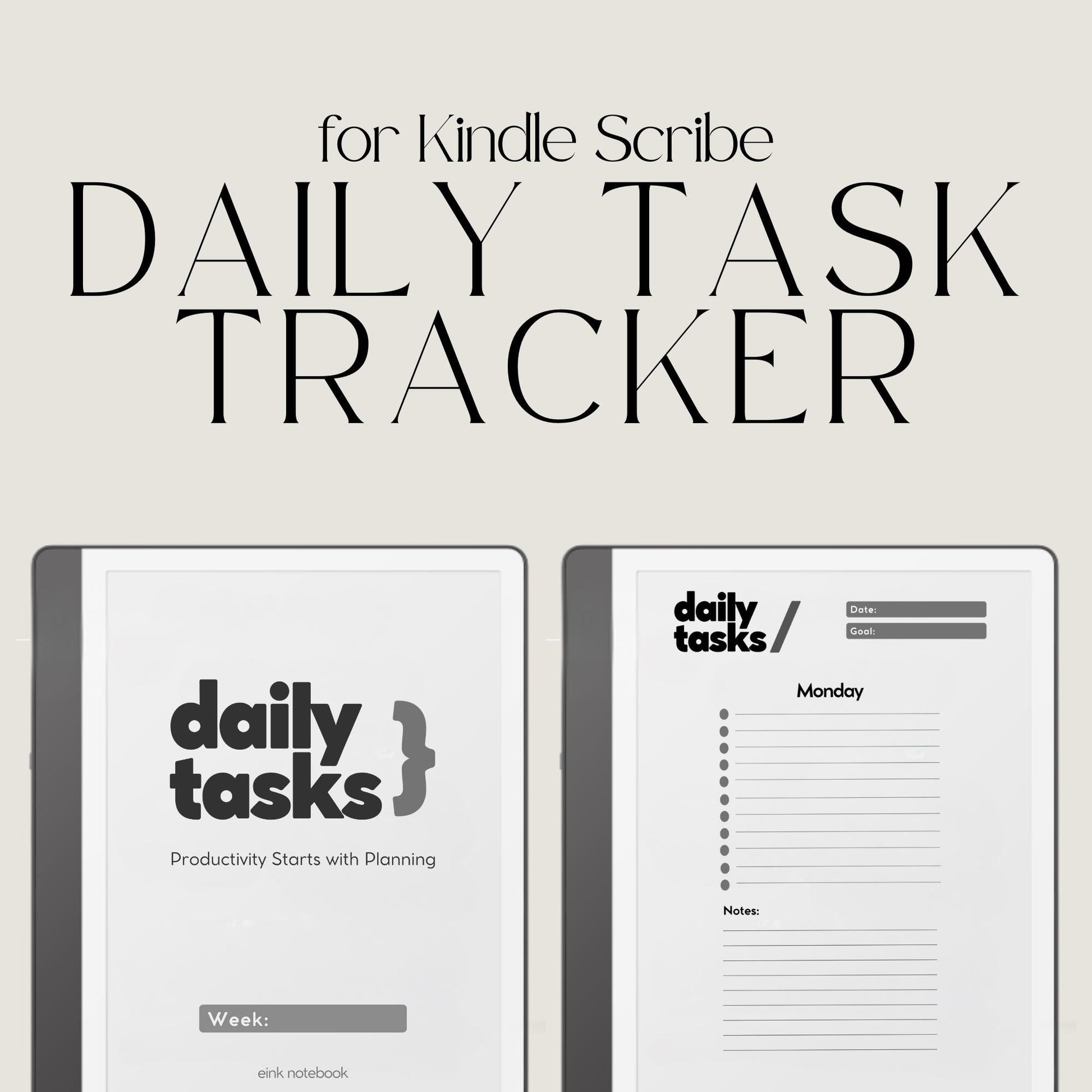 Minimalist Daily Task Planner for Kindle Scribe featuring weekly task planning pages with sections for goals, priorities, notes, and productivity tracking.