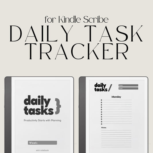 Minimalist Daily Task Planner for Kindle Scribe featuring weekly task planning pages with sections for goals, priorities, notes, and productivity tracking.