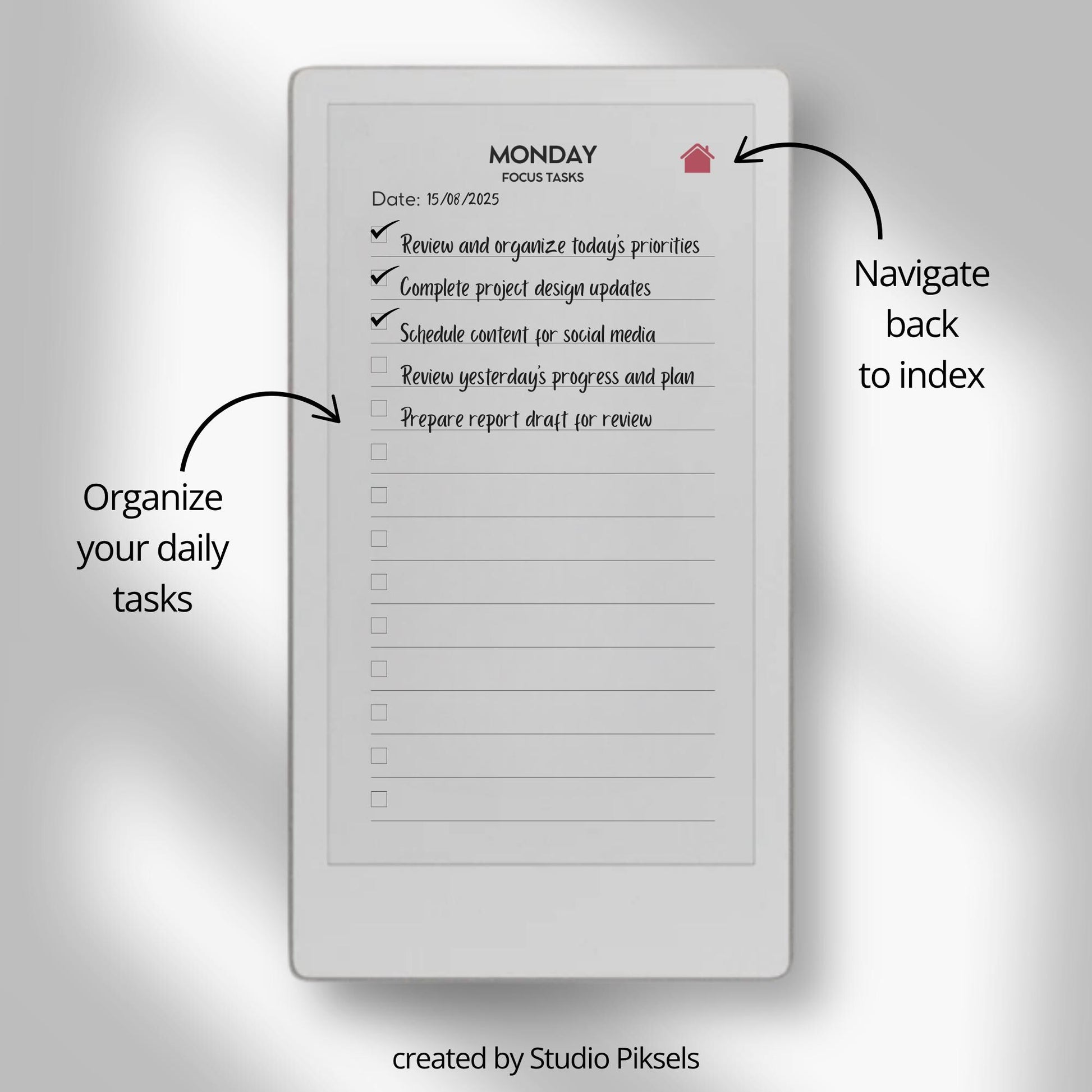 Plan daily tasks and priorities using a hyperlinked daily planner on reMarkable Paper Pro Move.