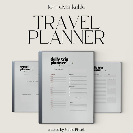 Daily Travel Planner PDF for reMarkable 1 and 2 with 21 day planner, journal pages, and minimalist trip layout.