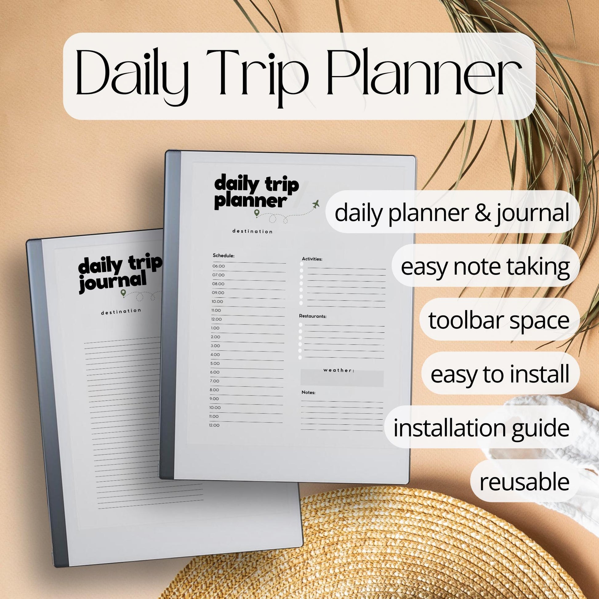 Daily Travel Planner PDF for reMarkable 1 and 2 with 21 day planner, journal pages, and minimalist trip layout.