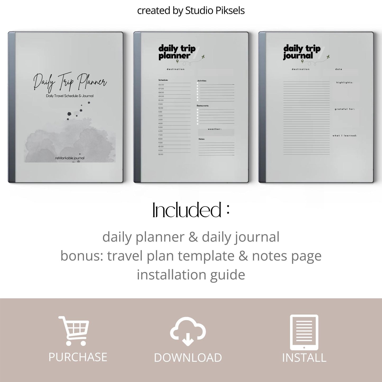 Daily Travel Planner PDF for reMarkable 1 and 2 with 21 day planner, journal pages, and minimalist trip layout.