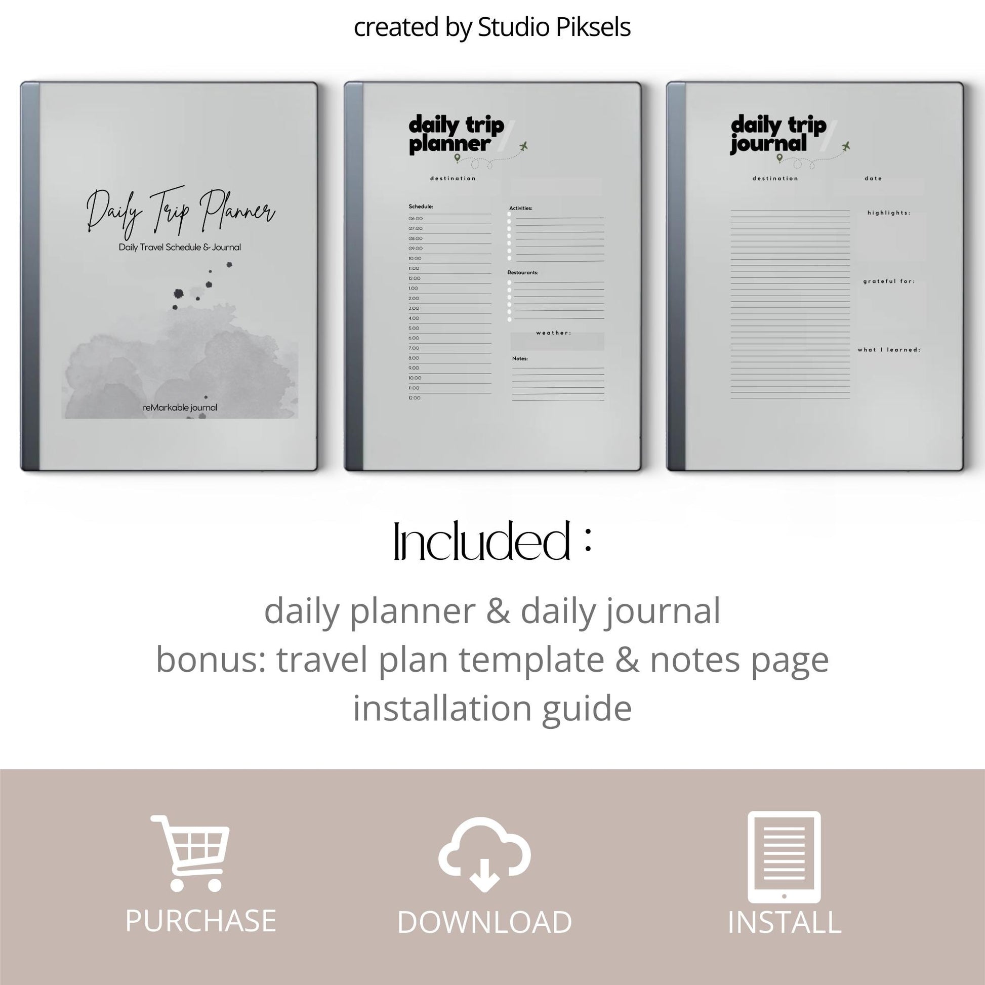 Daily Travel Planner PDF for reMarkable 1 and 2 with 21 day planner, journal pages, and minimalist trip layout.
