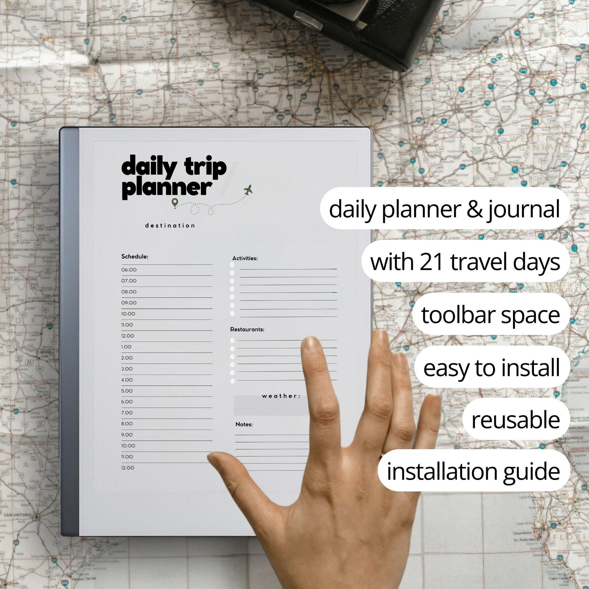 Daily Travel Planner PDF for reMarkable 1 and 2 with 21 day planner, journal pages, and minimalist trip layout.