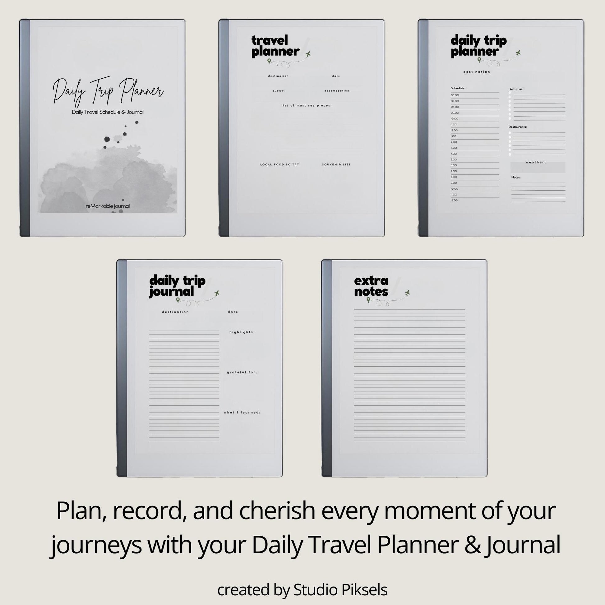 Daily Travel Planner PDF for reMarkable 1 and 2 with 21 day planner, journal pages, and minimalist trip layout.