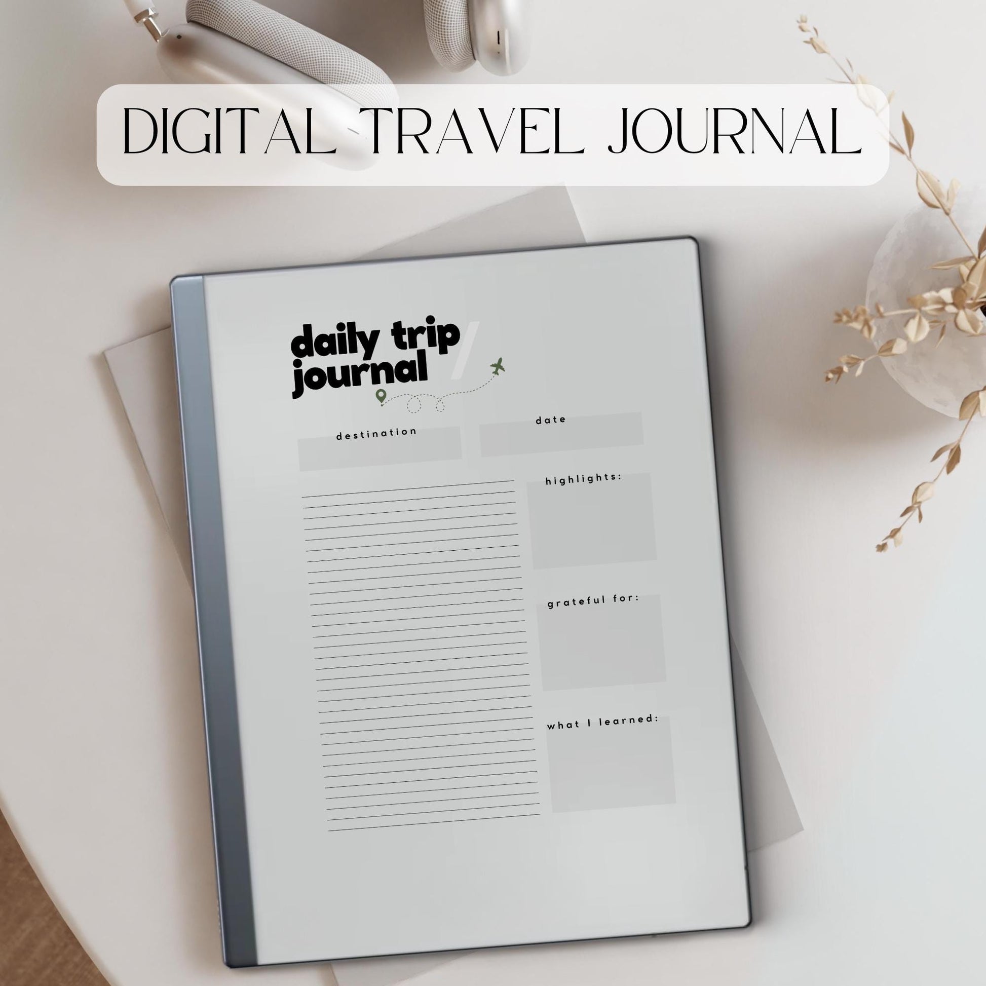 Daily Travel Planner PDF for reMarkable 1 and 2 with 21 day planner, journal pages, and minimalist trip layout.