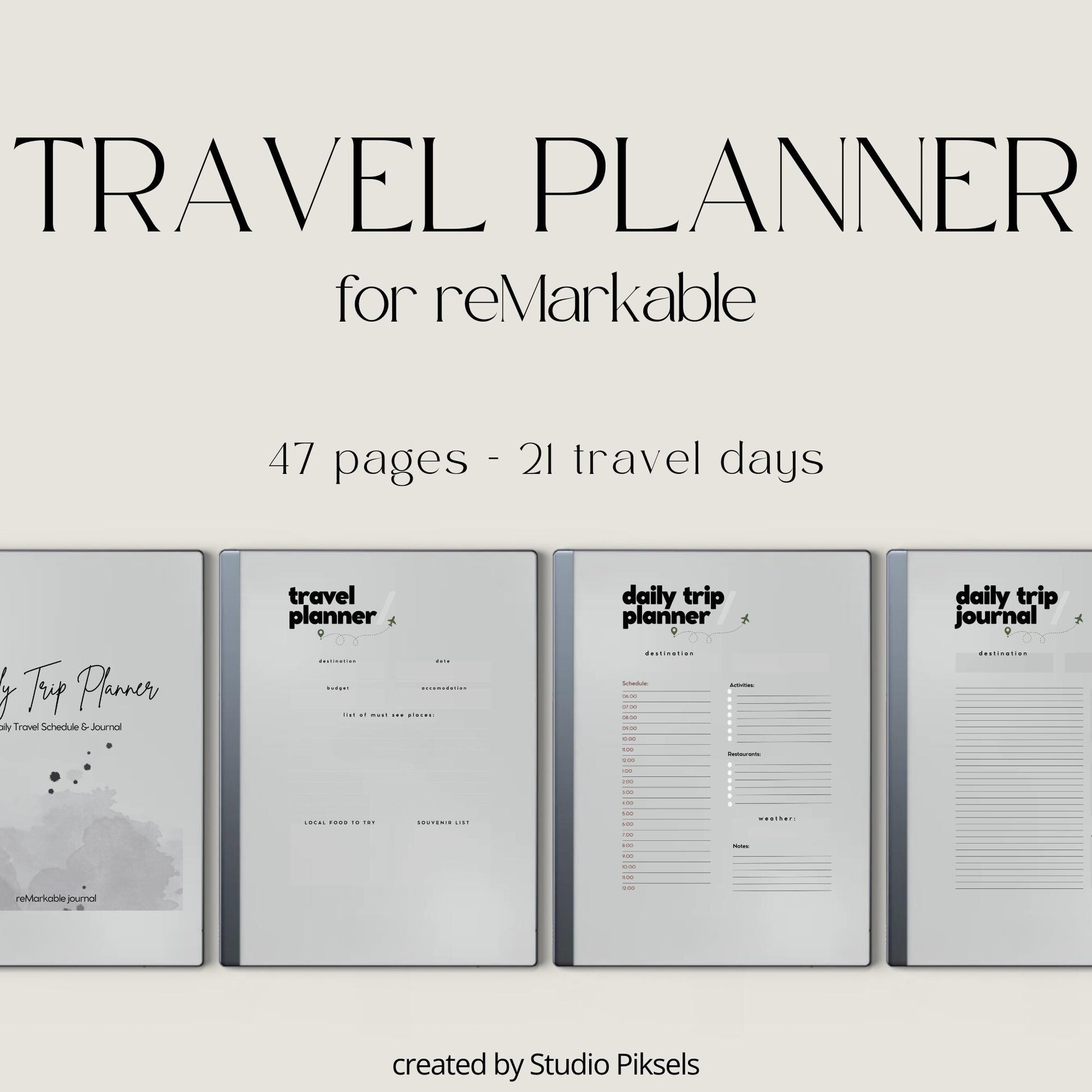 Daily Travel Planner PDF for reMarkable 1 and 2 with 21 day planner, journal pages, and minimalist trip layout.