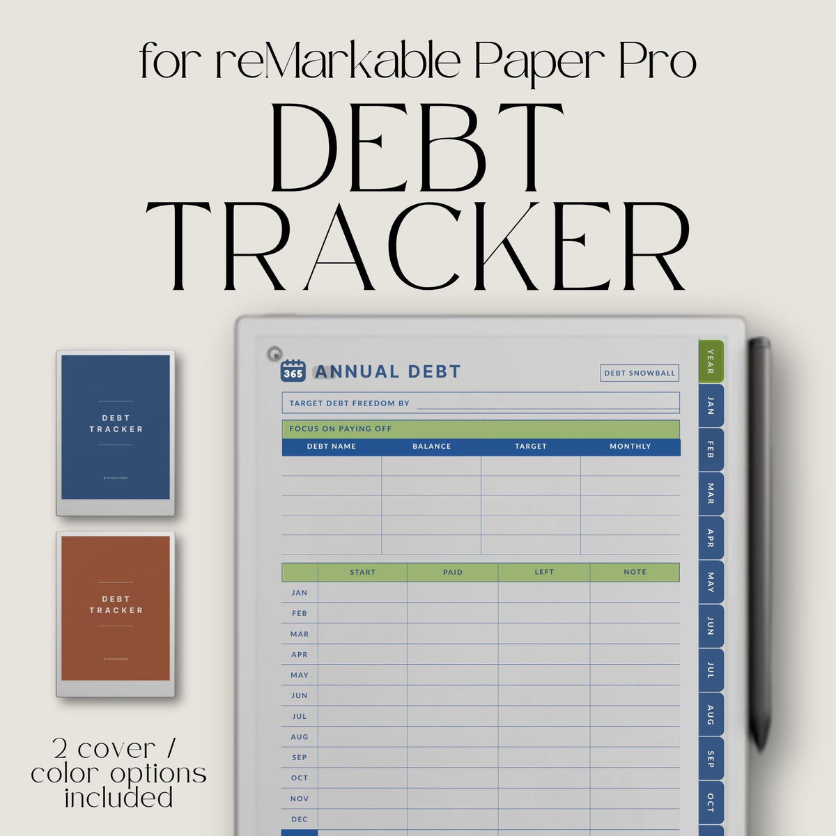 Debt Tracker for reMarkable Paper Pro structured digital finance planner with hyperlinked pages for tracking debt payments, balances, and progress. Includes budget planning layouts, debt snowball tracker, and organized sections for financial management and repayment planning.