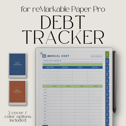 Debt Tracker for reMarkable Paper Pro structured digital finance planner with hyperlinked pages for tracking debt payments, balances, and progress. Includes budget planning layouts, debt snowball tracker, and organized sections for financial management and repayment planning.