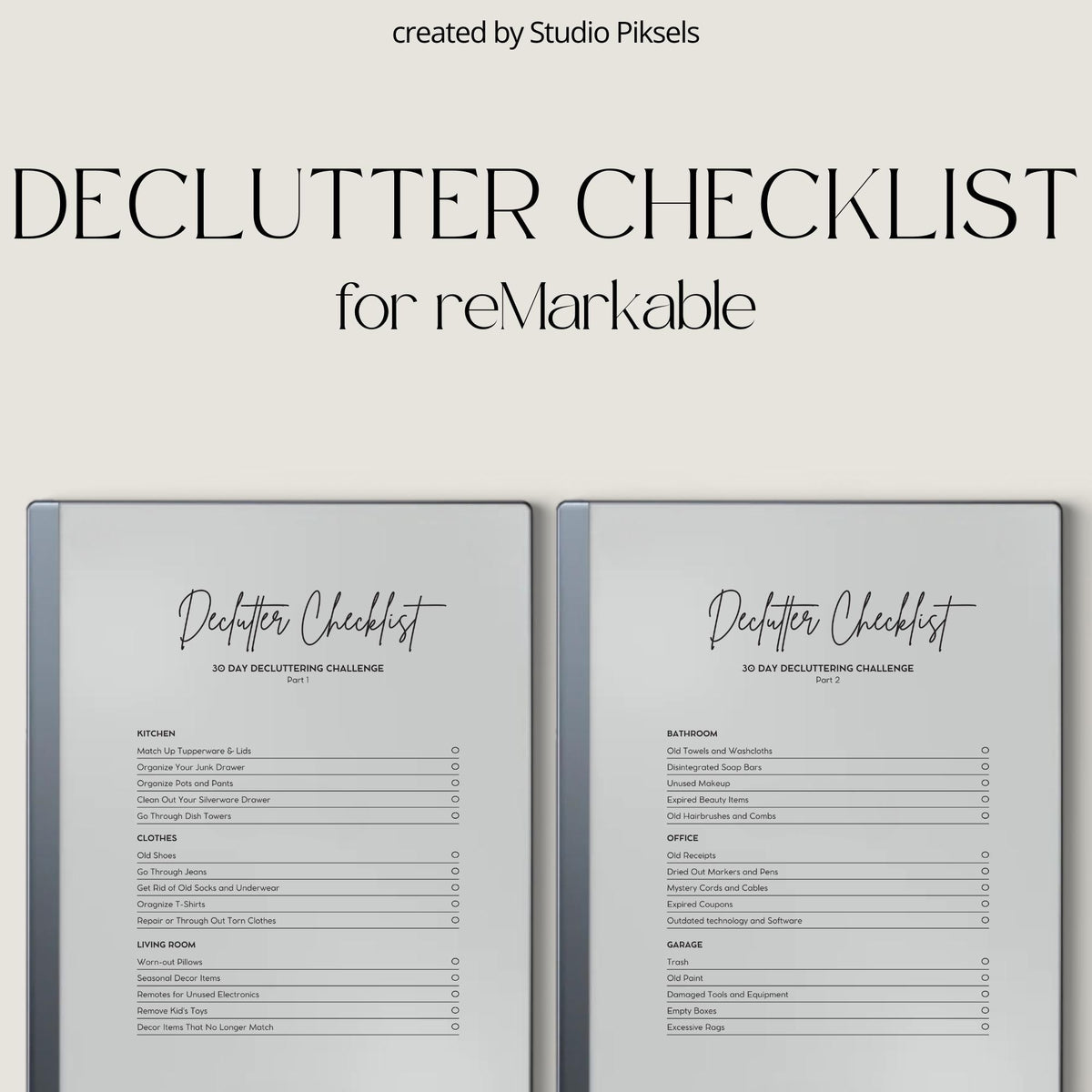 Decluttering Checklist for reMarkable 2 and reMarkable Paper Pure featuring a reusable 30-day home organization challenge with minimalist checklist and notes layouts