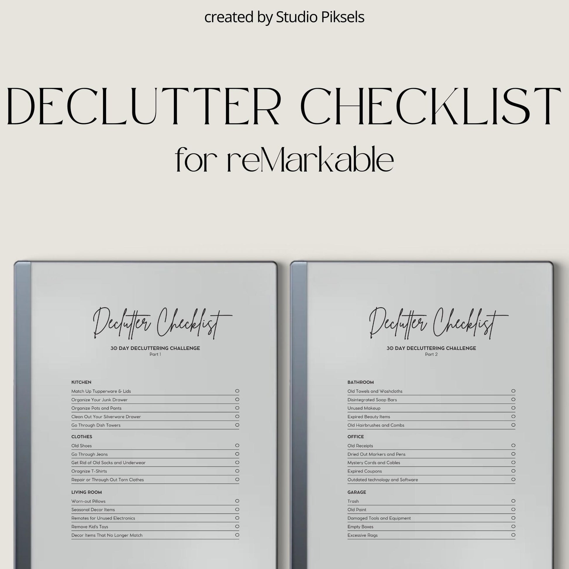 Decluttering Checklist for reMarkable 2 and reMarkable Paper Pure featuring a reusable 30-day home organization challenge with minimalist checklist and notes layouts