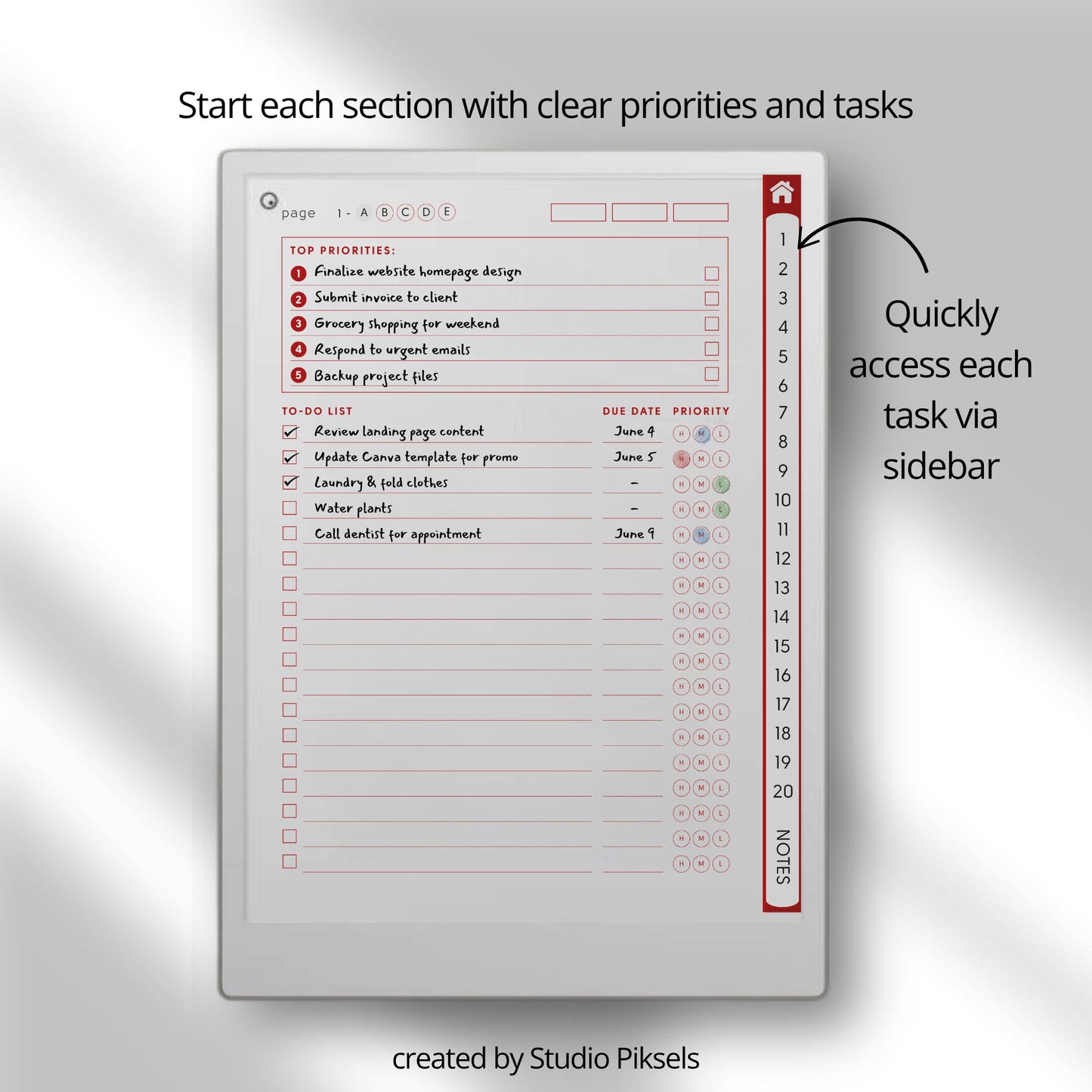 Manage daily tasks and priorities using a hyperlinked to do list notebook on reMarkable Paper Pro.