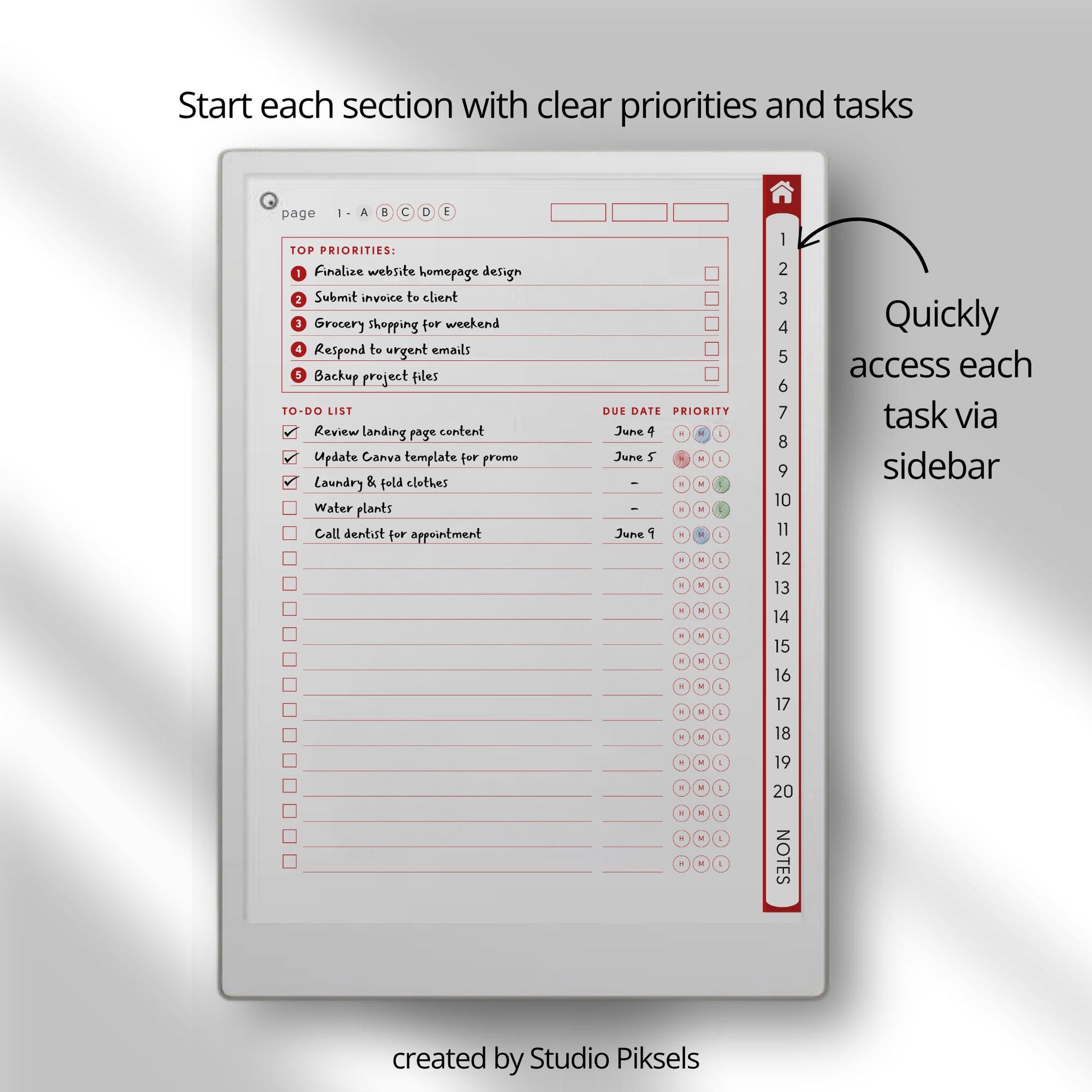 Manage daily tasks and priorities using a hyperlinked to do list notebook on reMarkable Paper Pro.