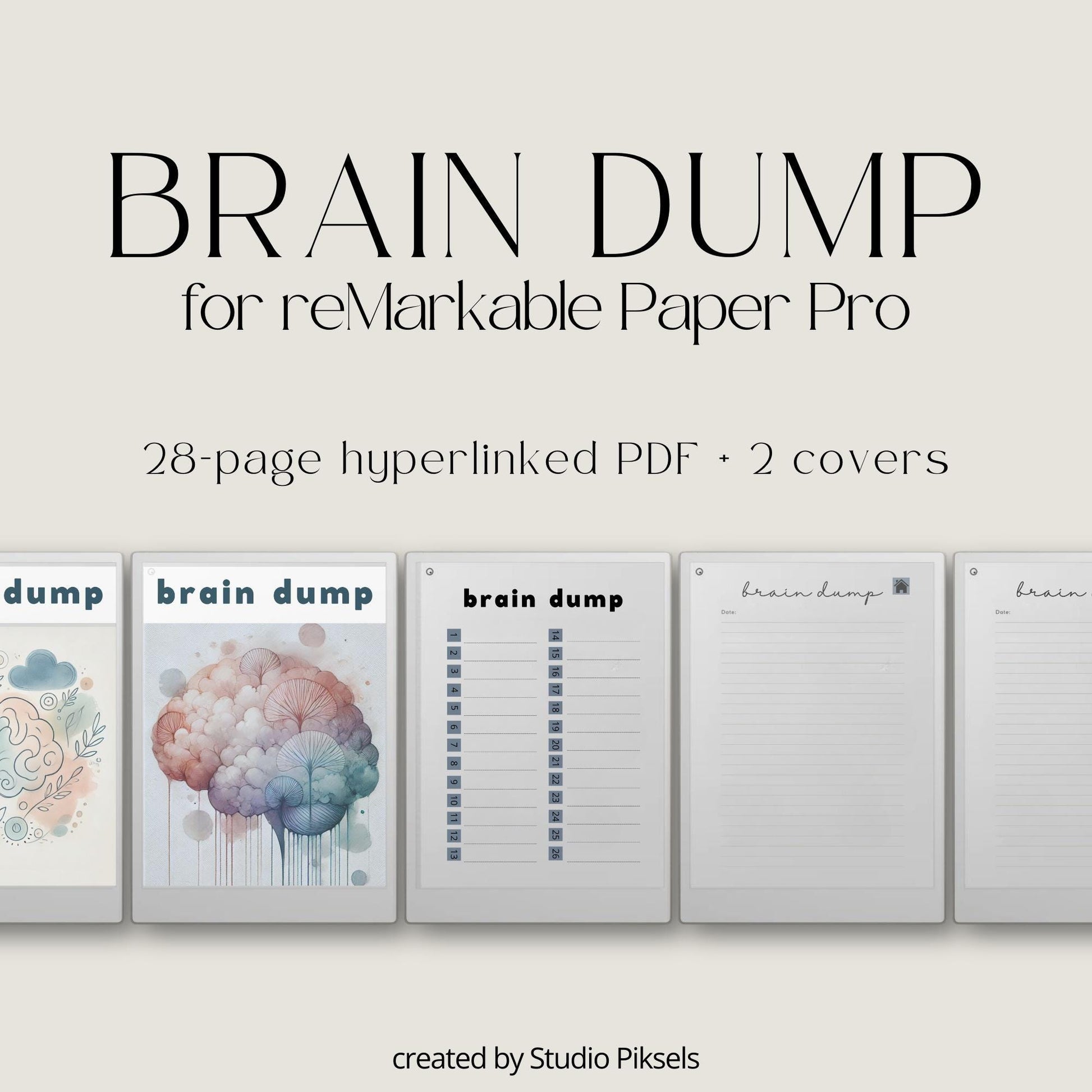 Brain Dump notebook PDF for reMarkable Paper Pro Move with 28 hyperlinked lined pages and two cover designs.