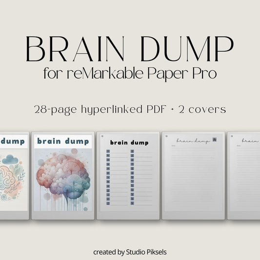 Brain Dump notebook PDF for reMarkable Paper Pro Move with 28 hyperlinked lined pages and two cover designs.