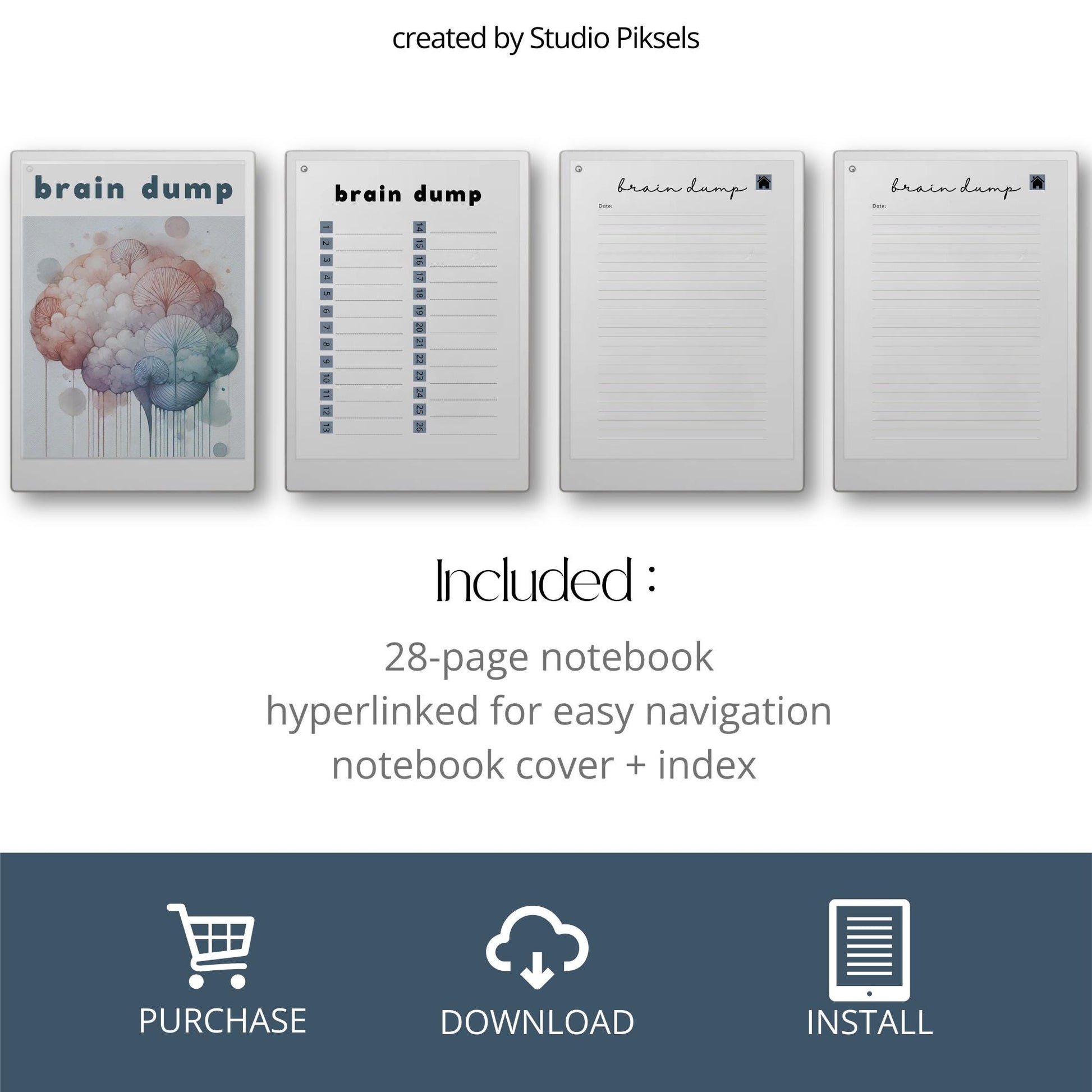 Brain Dump notebook PDF for reMarkable Paper Pro Move with 28 hyperlinked lined pages and two cover designs.