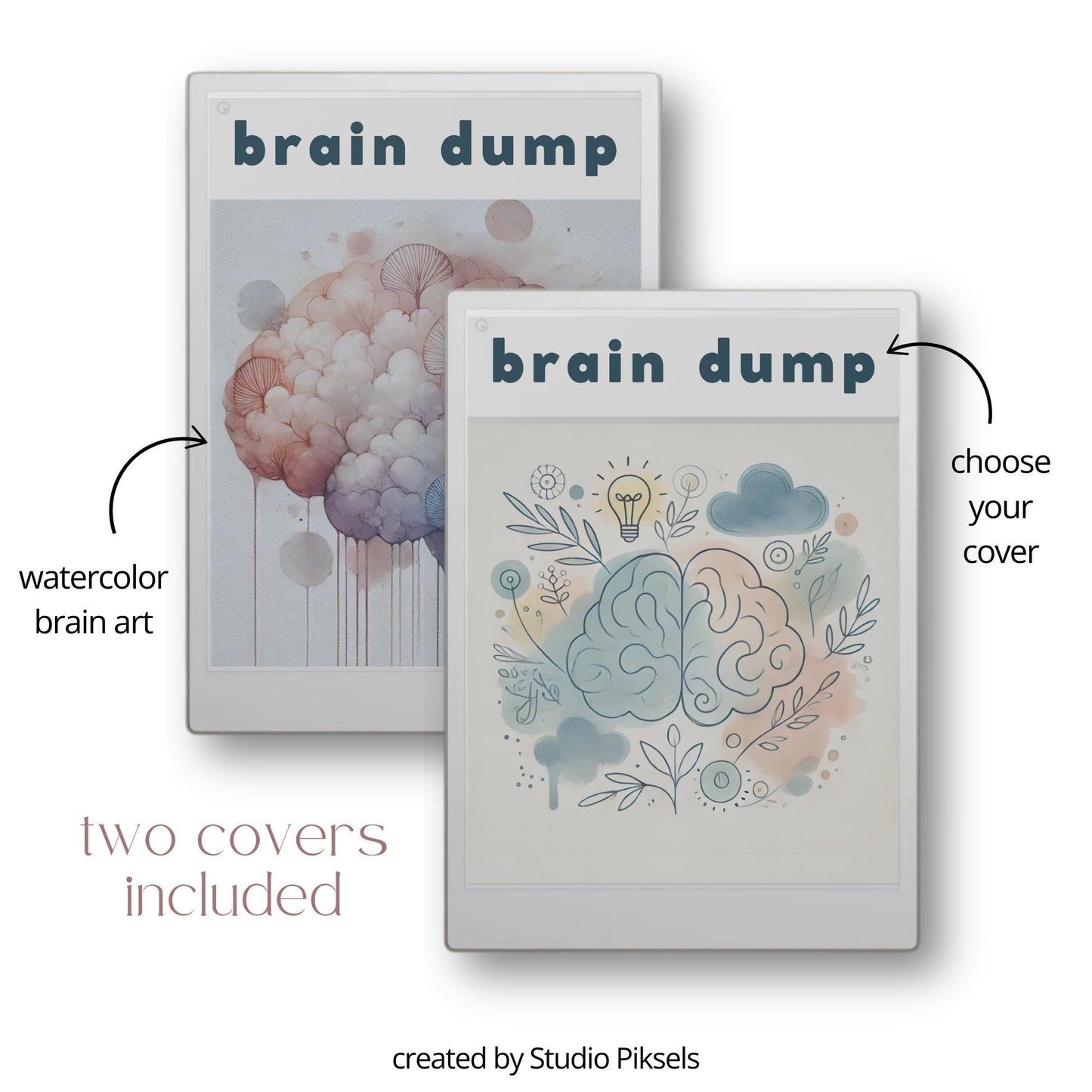 Brain Dump notebook PDF for reMarkable Paper Pro Move with 28 hyperlinked lined pages and two cover designs.
