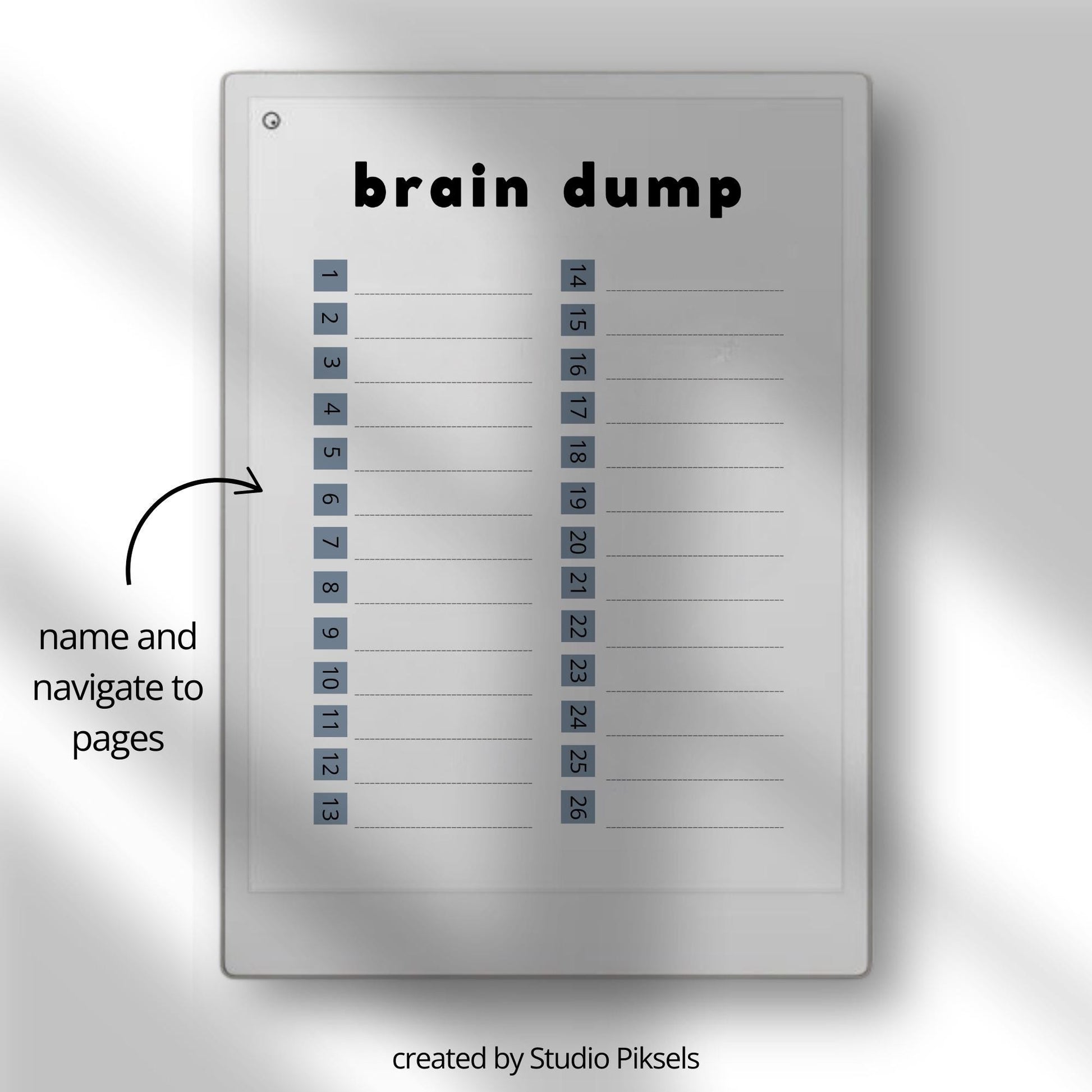Brain Dump notebook PDF for reMarkable Paper Pro Move with 28 hyperlinked lined pages and two cover designs.