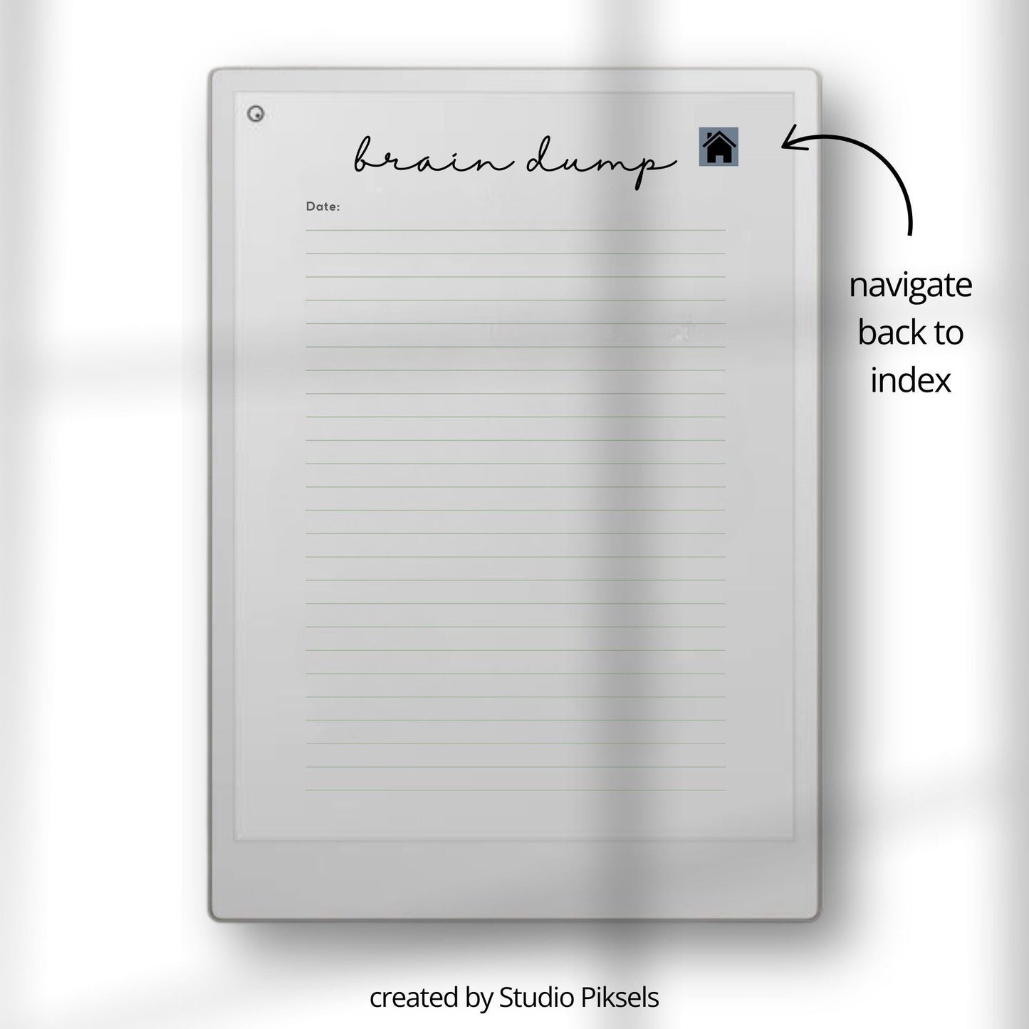 Brain Dump notebook PDF for reMarkable Paper Pro Move with 28 hyperlinked lined pages and two cover designs.