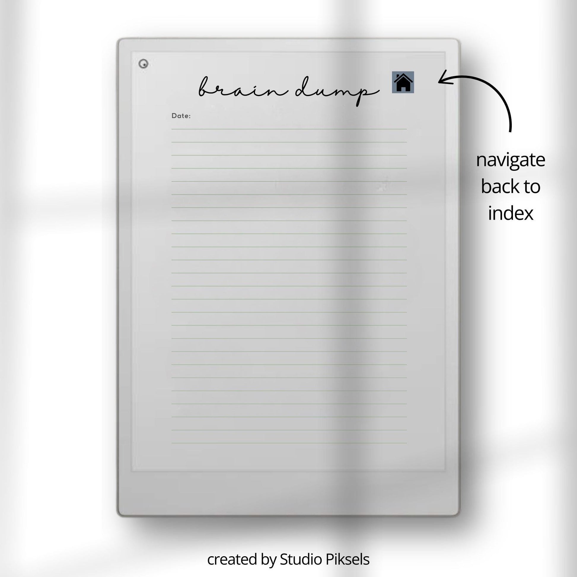 Brain Dump notebook PDF for reMarkable Paper Pro Move with 28 hyperlinked lined pages and two cover designs.